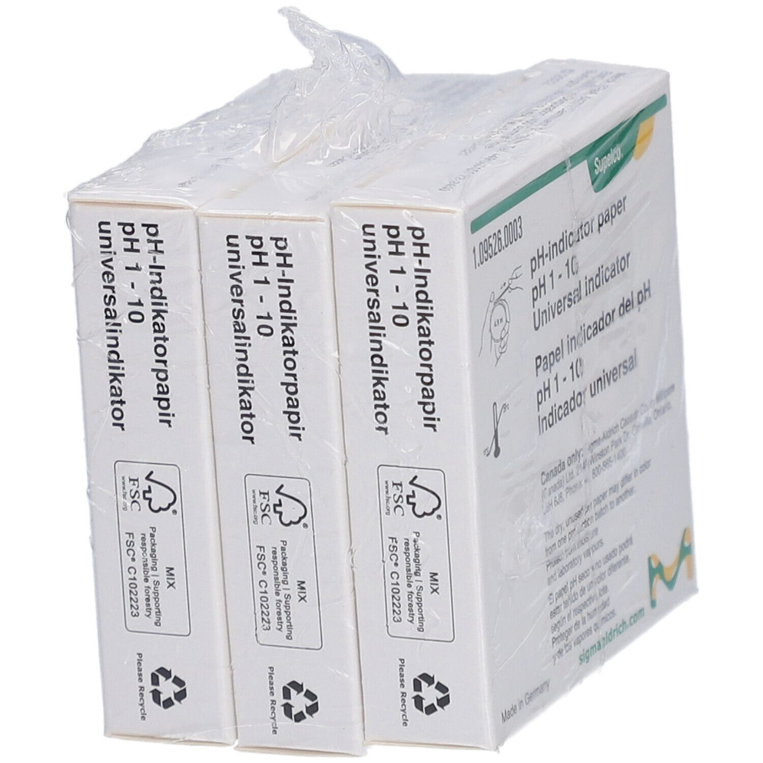 Drei Packungen pH-Indikatorpapier pH 1-10, verpackt in Folie. Hersteller: Supelco. FSC-Zertifizierung.