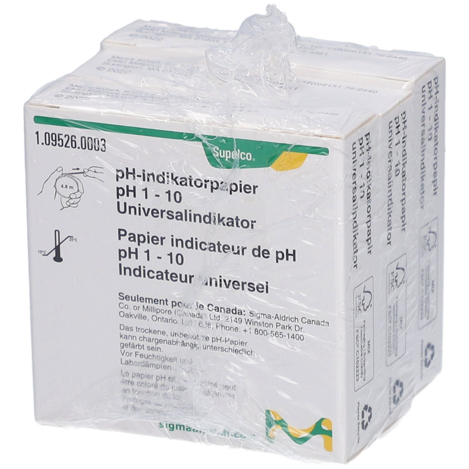 Verpackung mit pH-Indikatorpapier pH 1-10. Hersteller: Supelco. Mehrere Packungen in Folie verpackt.