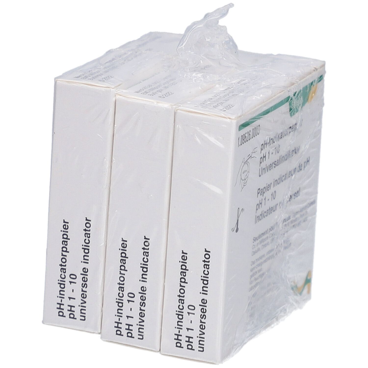 Drei Packungen pH-Indikatorpapier pH 1-10, verpackt in Folie. Hersteller: Supelco. FSC-Zertifizierung.