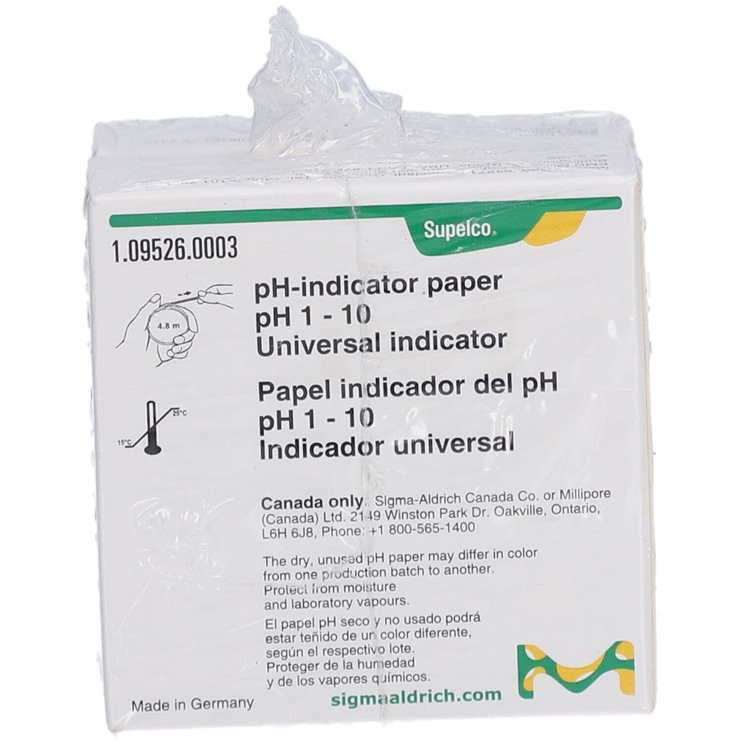 Verpackung mit pH-Indikatorpapier pH 1-10. Hersteller: Supelco. Mehrere Packungen in Folie verpackt.