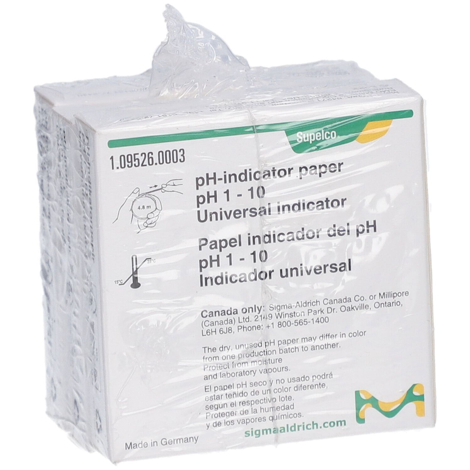 Verpackung mit pH-Indikatorpapier pH 1-10. Hersteller: Supelco. Mehrere Packungen in Folie verpackt.