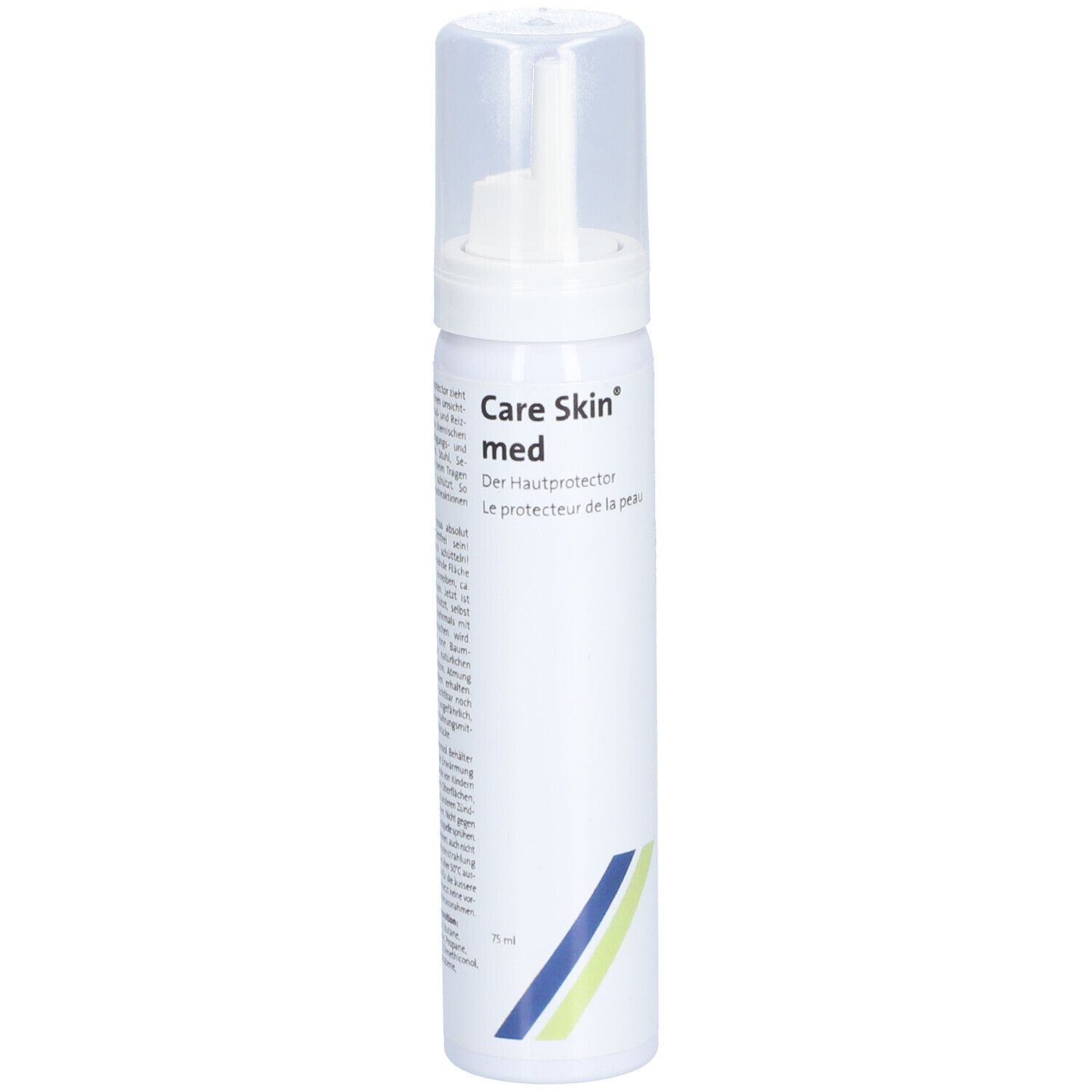 Flacon blanc avec vaporisateur. Inscription: Care Skin med, Der Hautprotector, Le protecteur de la peau. Bandes bleues et vertes.