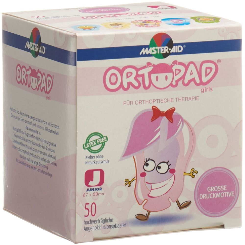 Rosa Karton mit "ORTHOPAD girls" und "MASTER-AID" Logo. Enthält 50 Augenokklusionspflaster. "JUNIOR" 67x50mm. Große Druckmotive.