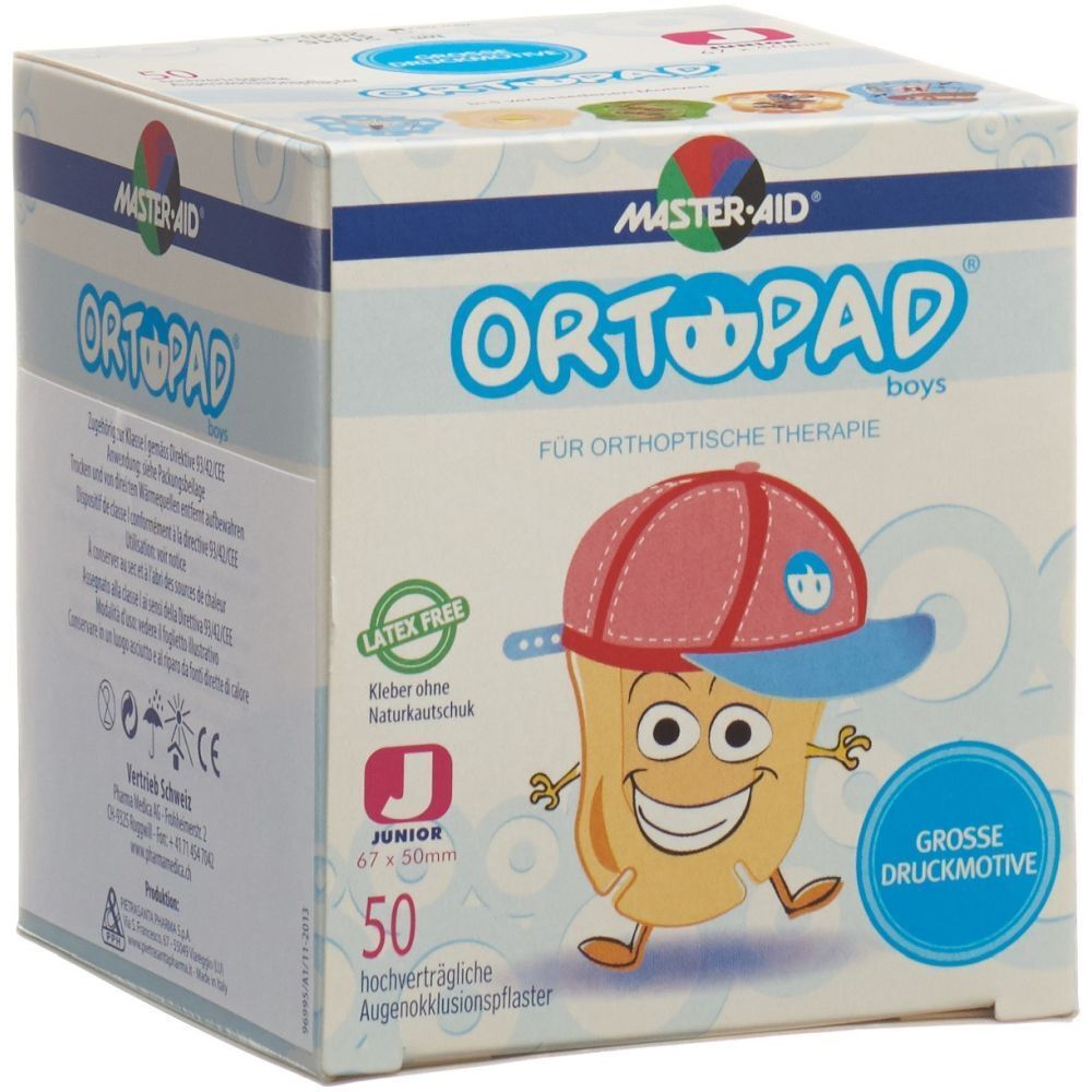 ORTHOPAD Okklusionspflaster Boys. Karton mit Produktabbildung und Text. Enthält 50 Pflaster. Junior-Größe 67x50mm. Latex-frei.