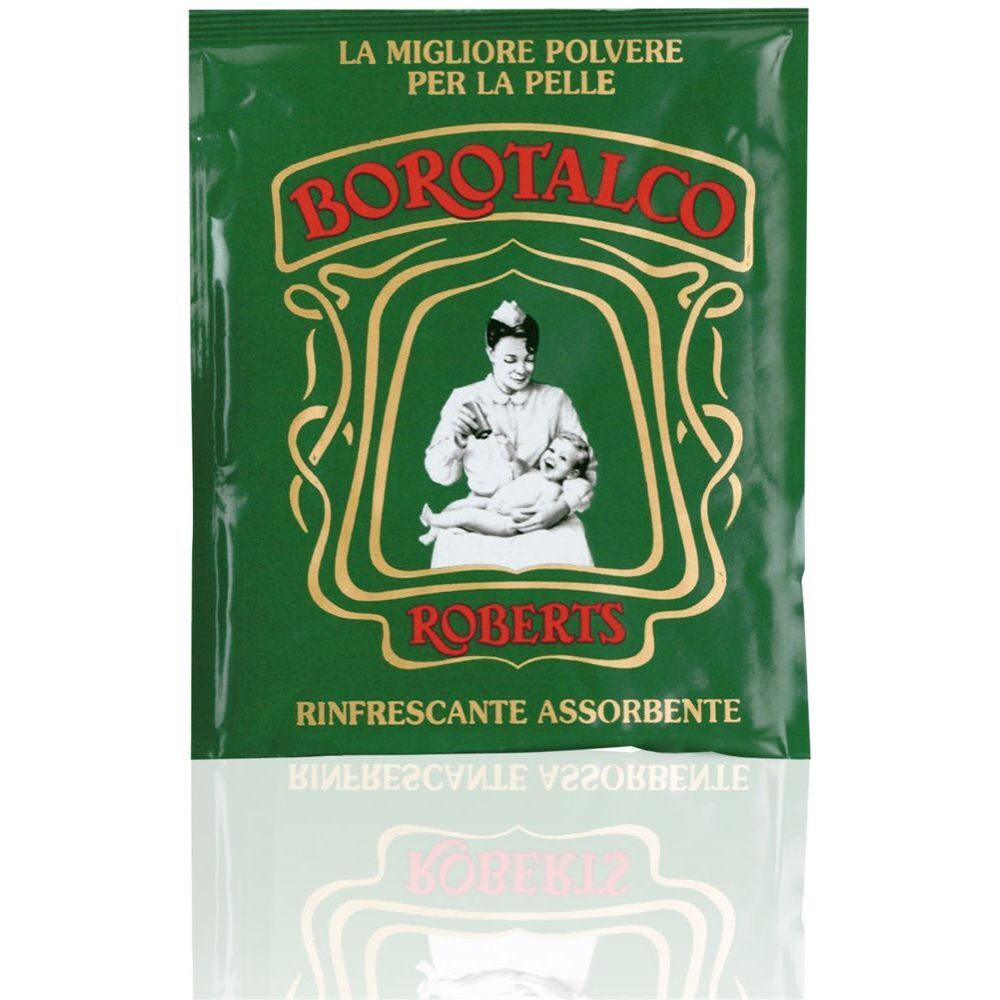 Sachet vert Borotalco Roberts®. Logo avec femme et bébé. Texte : 'La migliore polvere per la pelle'.