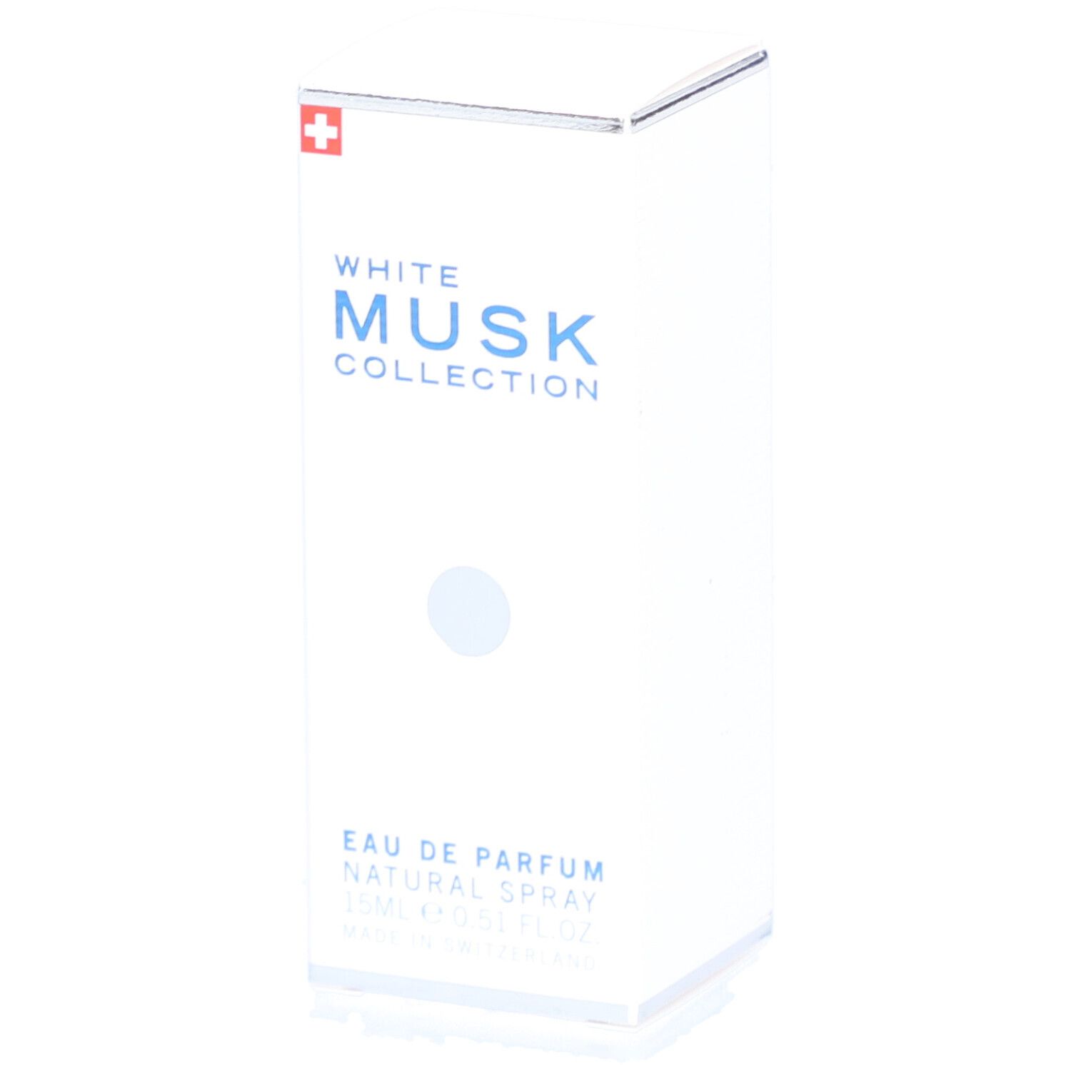 Weiße rechteckige Verpackung mit Produktnamen und Schweizer Kreuz. Eau de Parfum, Natural Spray.