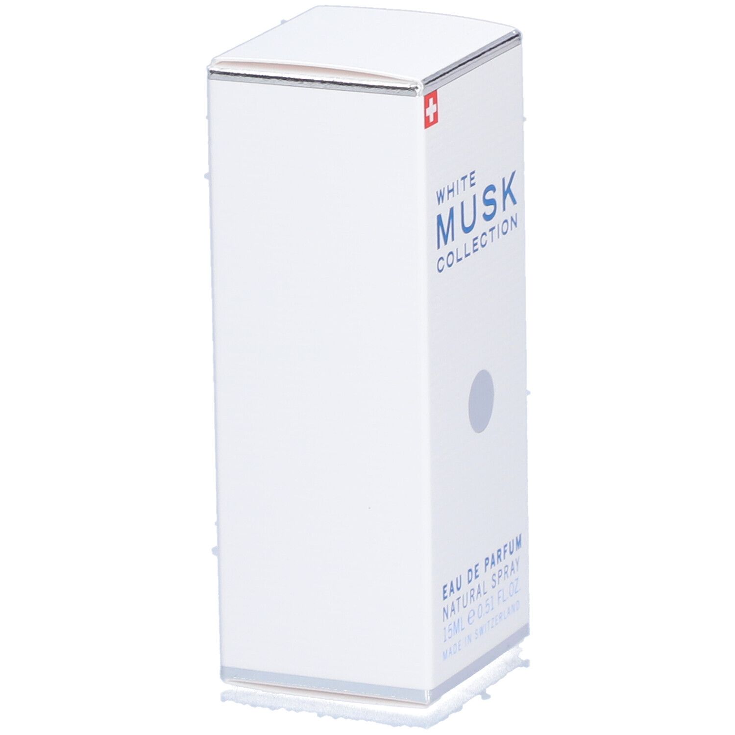 Weiße rechteckige Verpackung mit Produktnamen und Schweizer Kreuz. Eau de Parfum, Natural Spray.