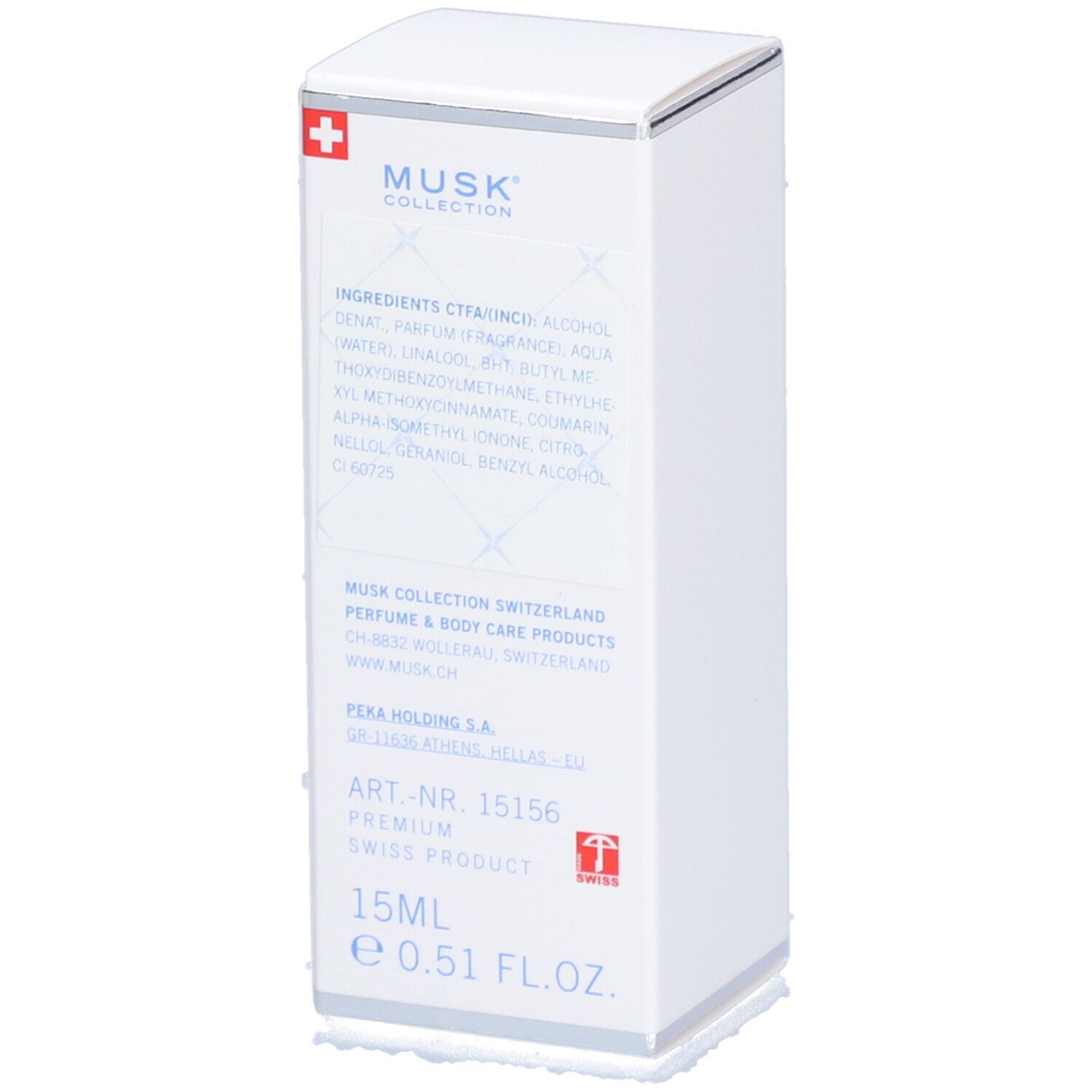Weiße Verpackung mit Inhaltsstoffen, Produktinformationen und Schweizer Kreuz. 15ml, Swiss Product.