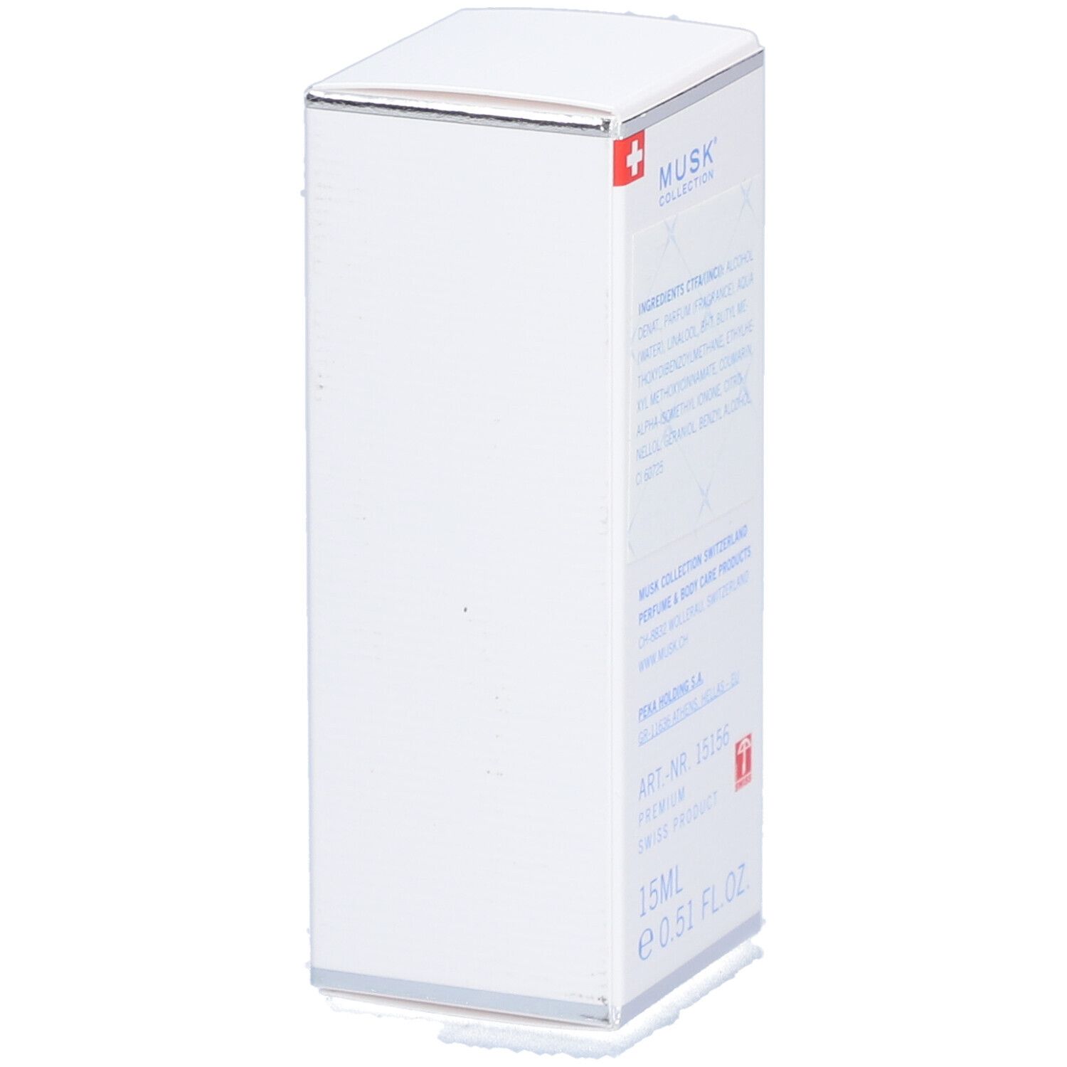 Weiße Verpackung mit Inhaltsstoffen, Produktinformationen und Schweizer Kreuz. 15ml, Swiss Product.