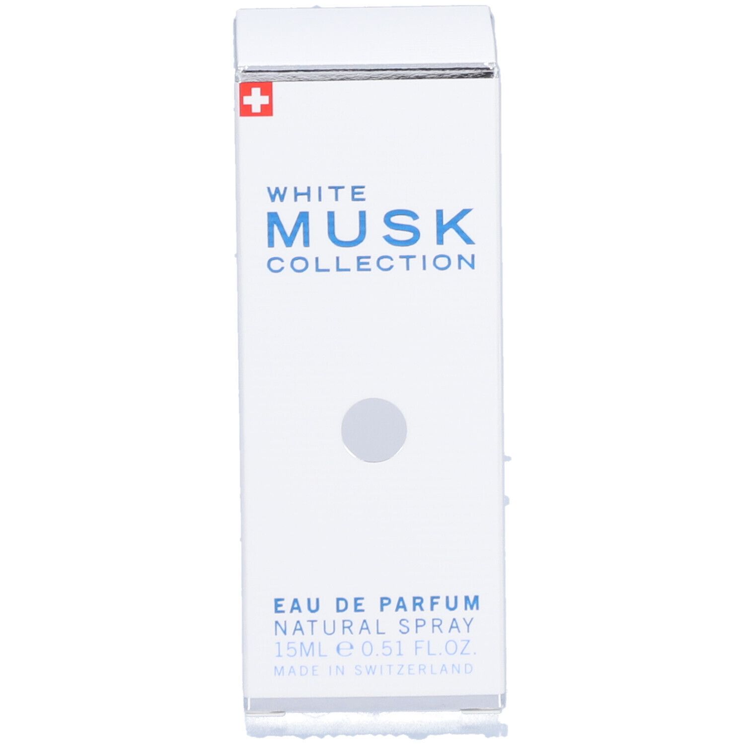 Weiße rechteckige Verpackung mit Produktnamen und Schweizer Kreuz. Eau de Parfum, Natural Spray.