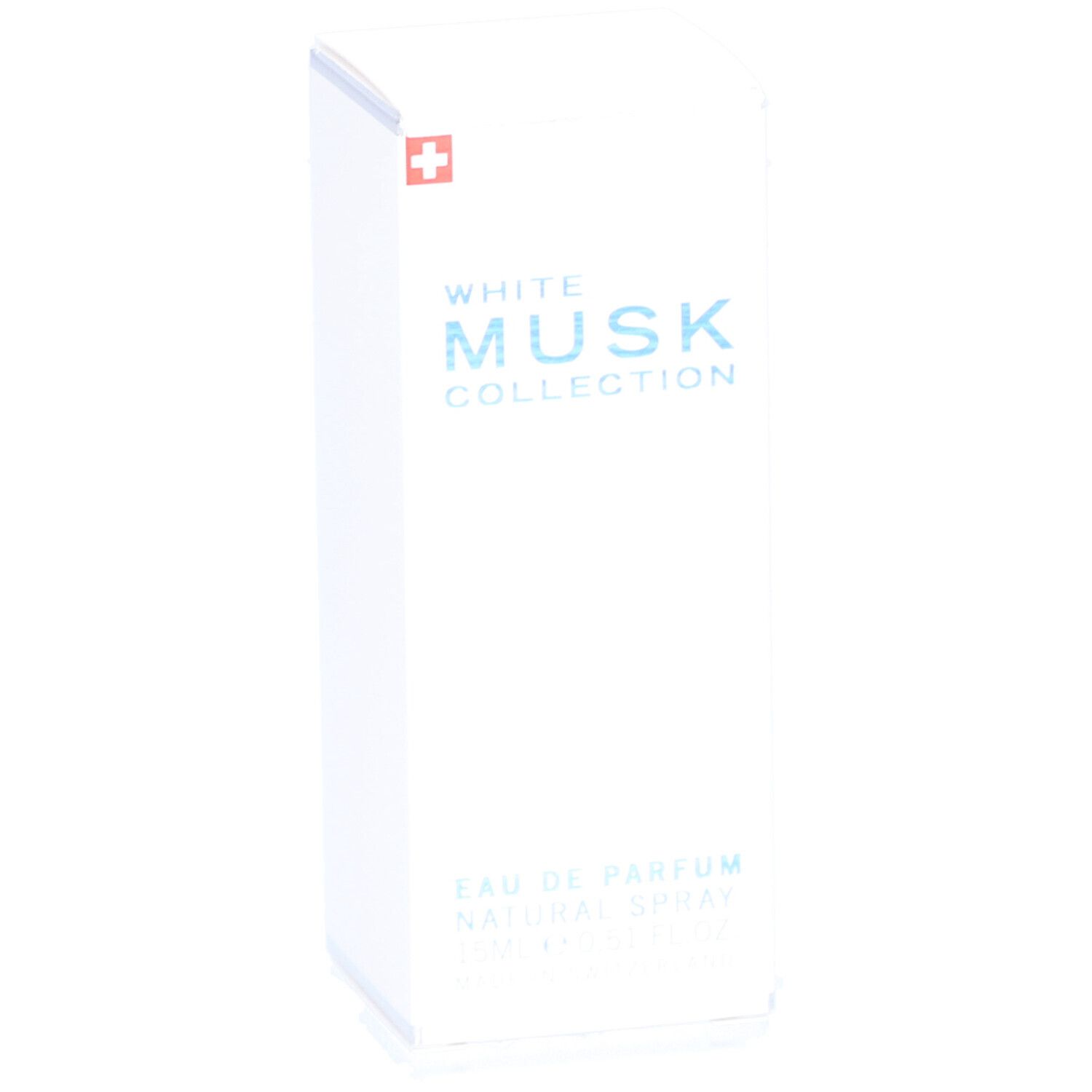 Weiße rechteckige Verpackung mit Produktnamen und Schweizer Kreuz. Eau de Parfum, Natural Spray.