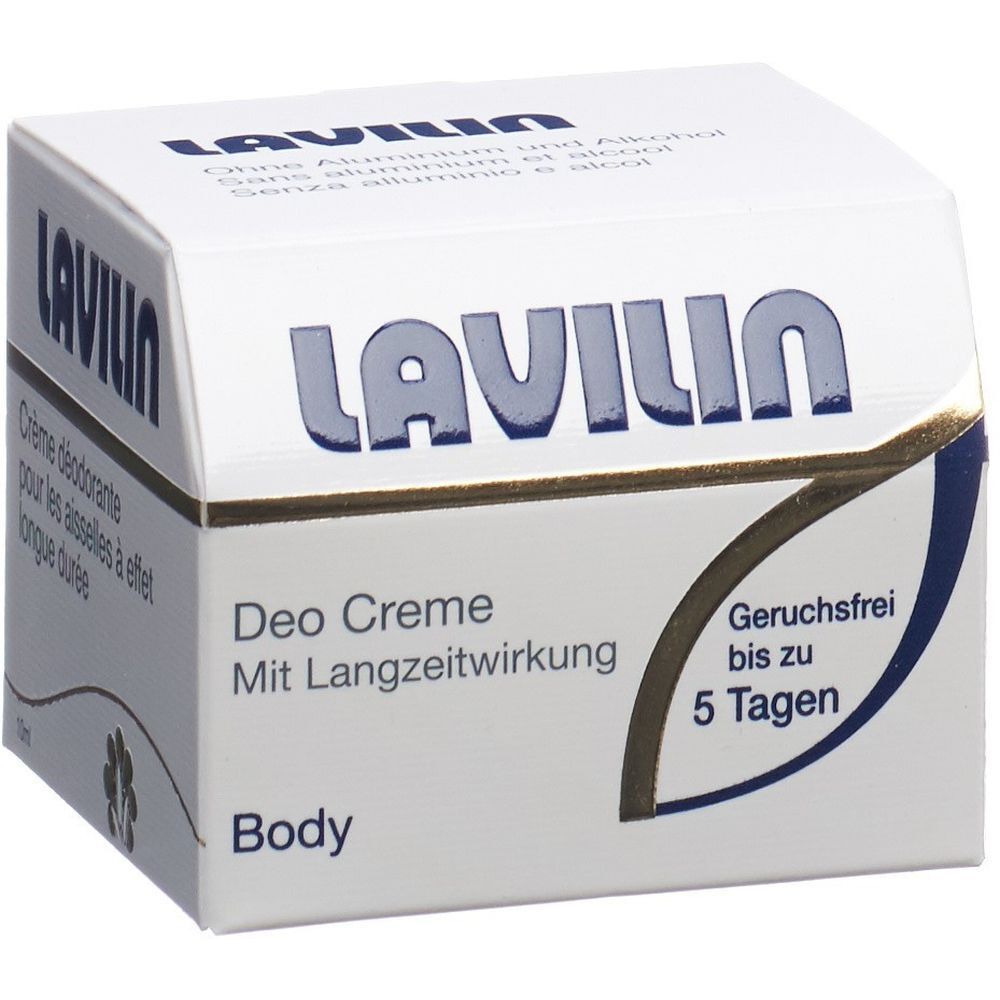 Weißer Karton mit LAVILIN-Logo und Aufschrift 'Deo Creme'. Text: 'Geruchsfrei bis zu 5 Tagen'.