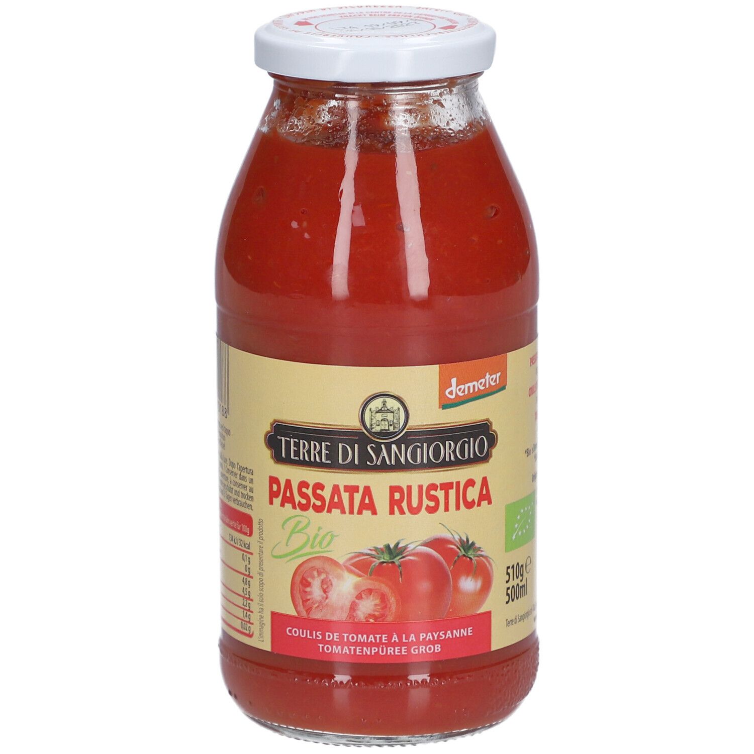 Glasflasche mit Tomatenpüree. Etikett mit Produktname, Tomatenabbildung und Bio-Siegel. Demeter-Logo.