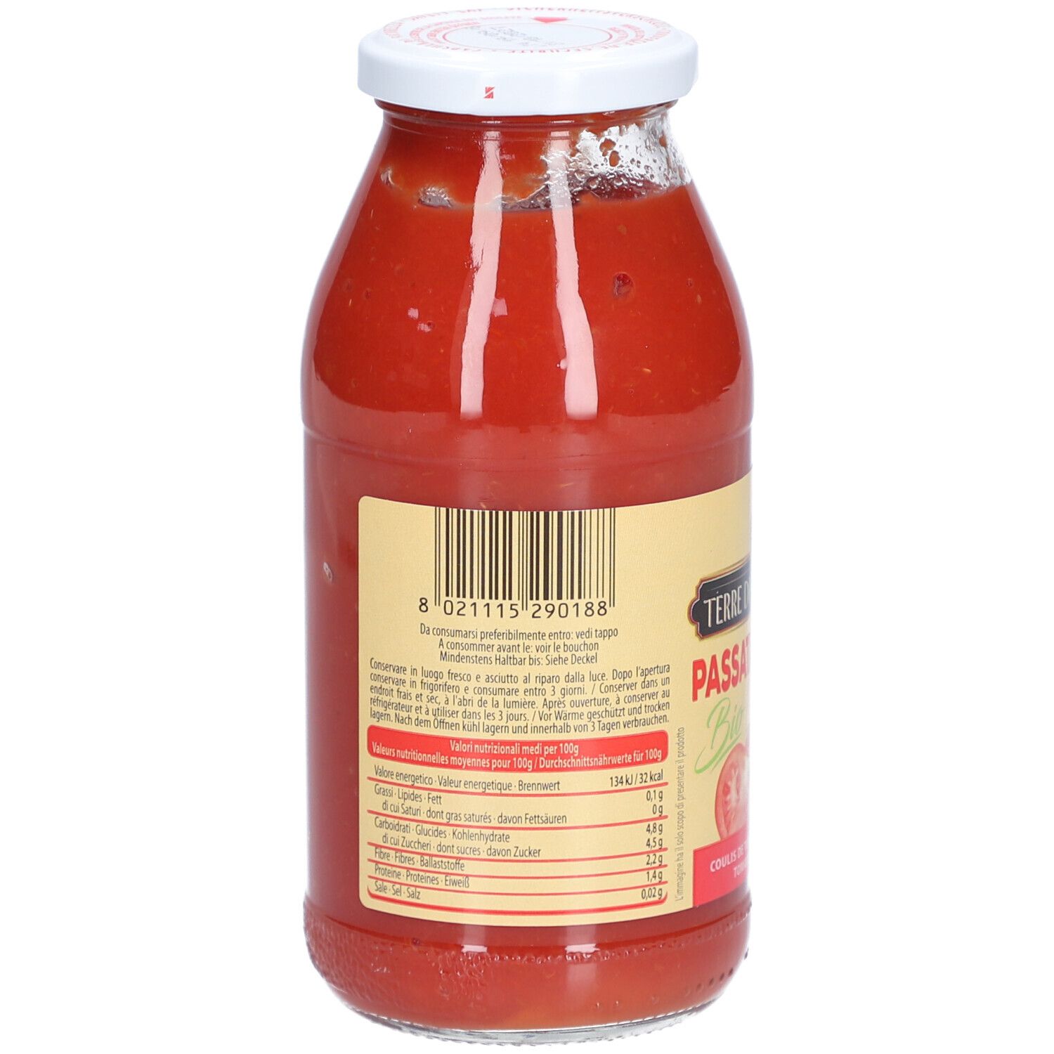 Rückseite der Glasflasche mit Tomatenpüree. Etikett mit Nährwertangaben, Barcode und Text in mehreren Sprachen.