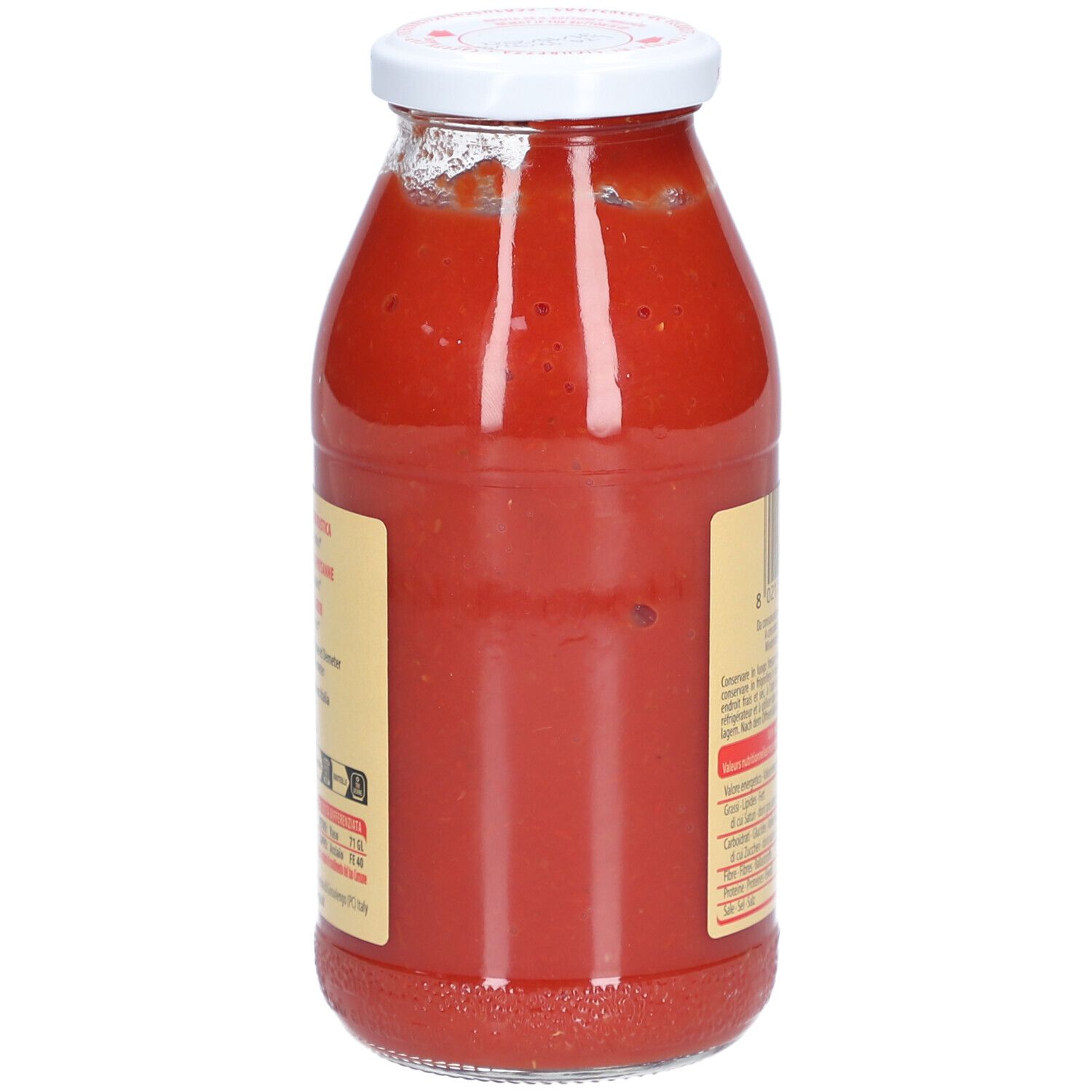 Glasflasche mit Tomatenpüree. Rückansicht. Etikett teilweise sichtbar.