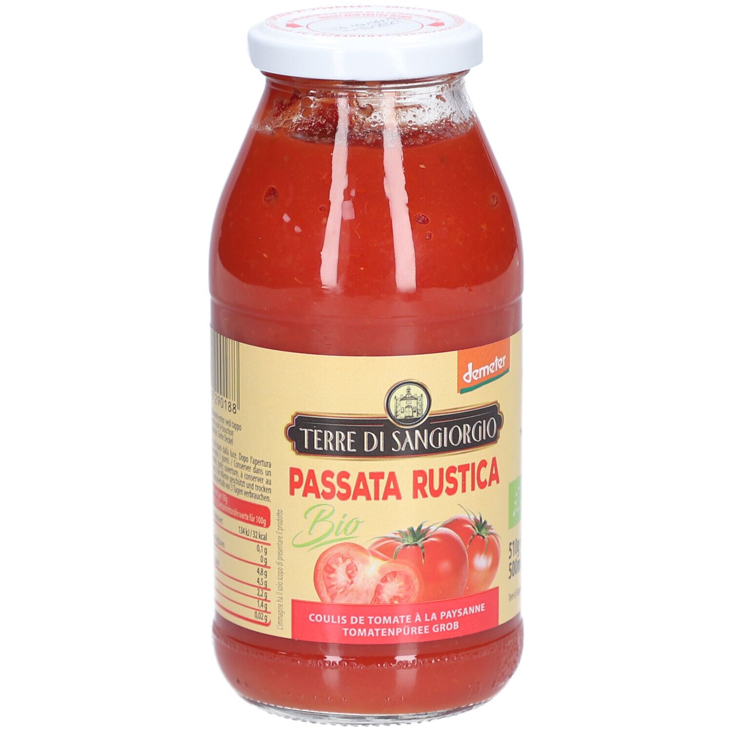 Glasflasche mit Tomatenpüree. Etikett mit Produktname, Tomatenabbildung und Bio-Siegel. Demeter-Logo.