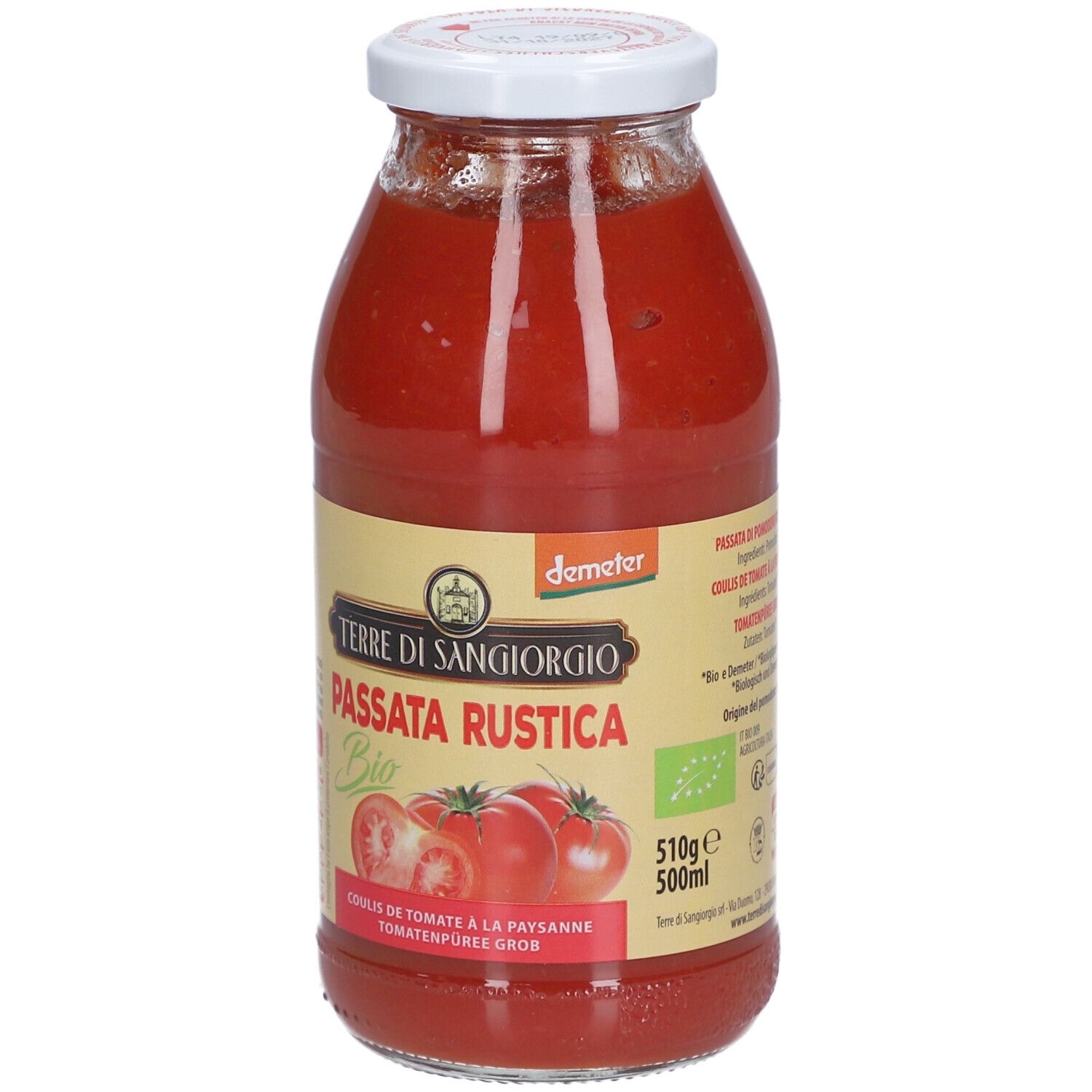 Glasflasche mit Tomatenpüree. Etikett mit Produktname, Tomatenabbildung und Bio-Siegel. Demeter-Logo.