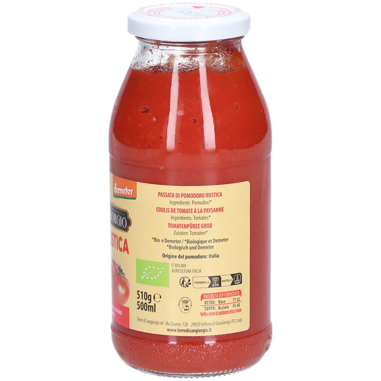 Rückseite der Glasflasche mit Tomatenpüree. Etikett mit Produktname, Bio-Siegel, Nährwertangaben und Text.
