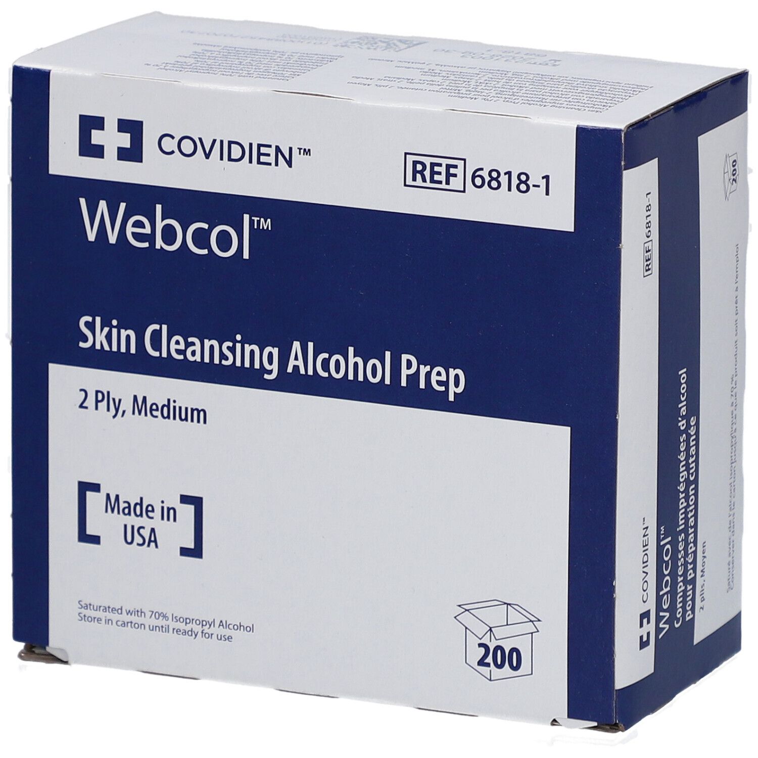 Boîte de tampons Webcol™ pour le nettoyage de la peau. Emballage bleu et blanc. 200 unités. Fabriqué aux États-Unis.