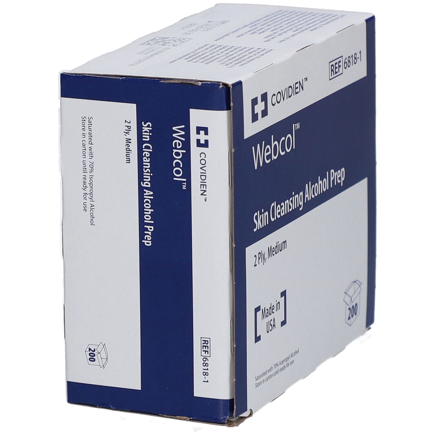 Boîte de tampons Webcol™ pour le nettoyage de la peau. Emballage bleu et blanc. 200 unités. REF 6818-1.