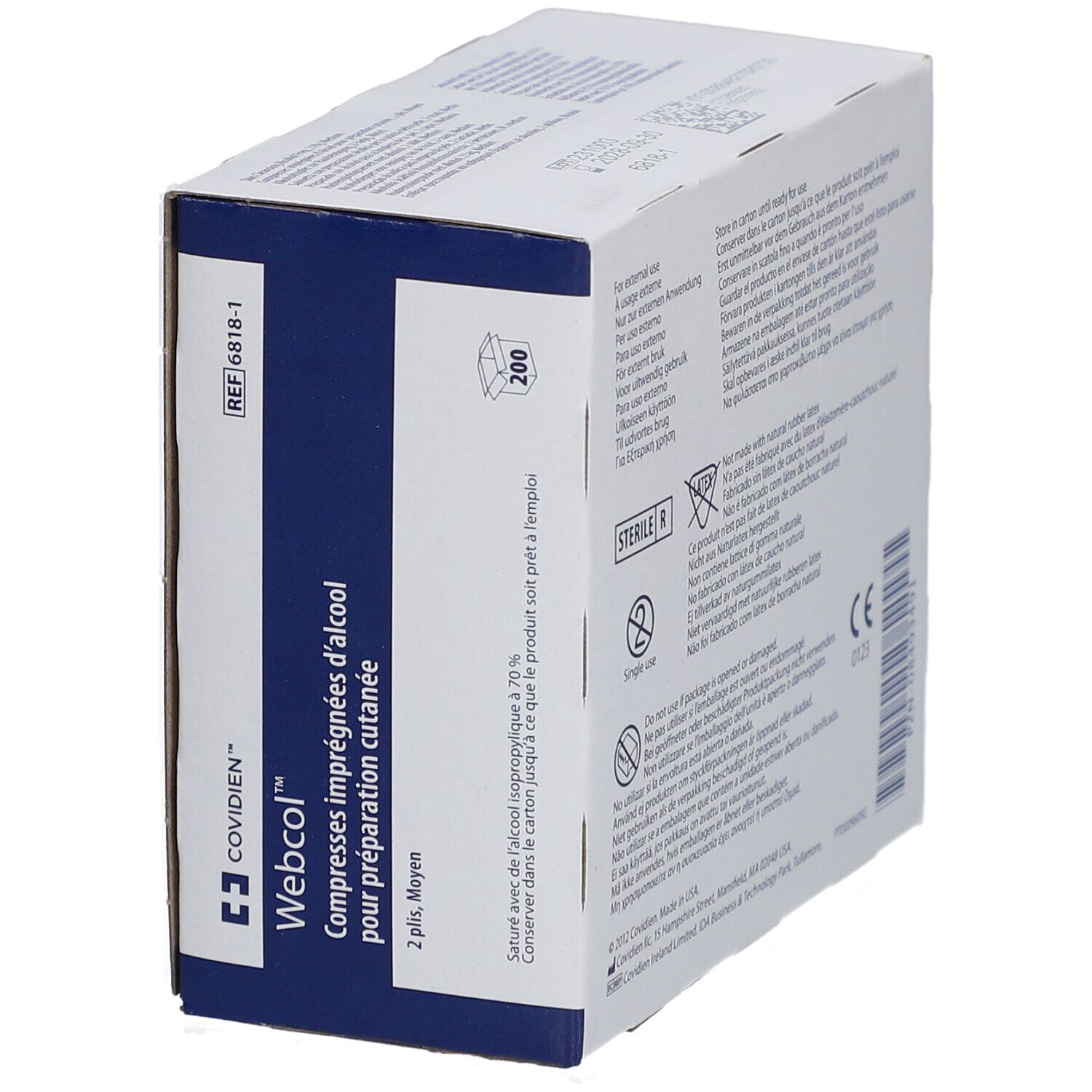 Boîte de tampons Webcol™ pour le nettoyage de la peau. Emballage bleu et blanc. 200 unités. REF 6818-1. Stérile.