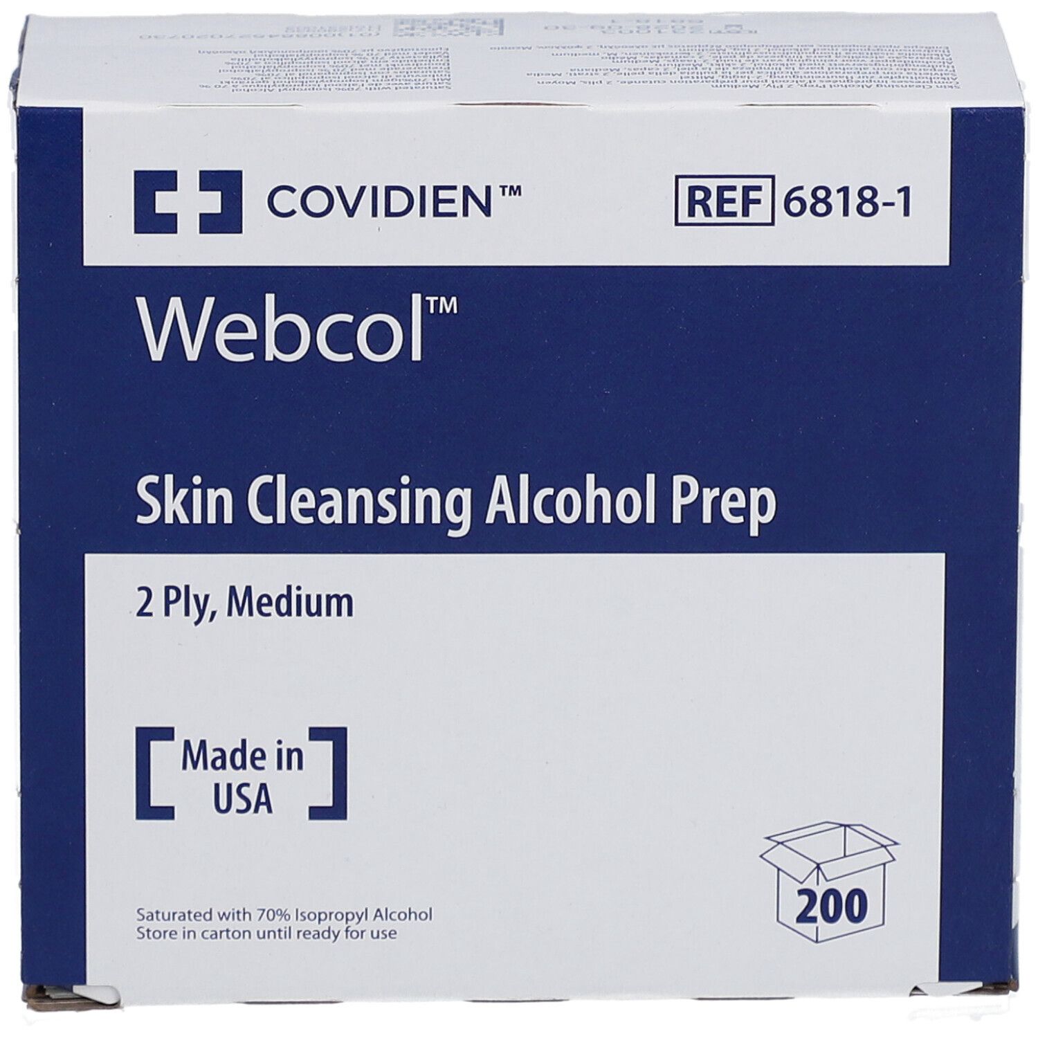 Boîte de tampons Webcol™ pour le nettoyage de la peau. Emballage bleu et blanc. 200 unités. Fabriqué aux États-Unis. REF 6818-1.