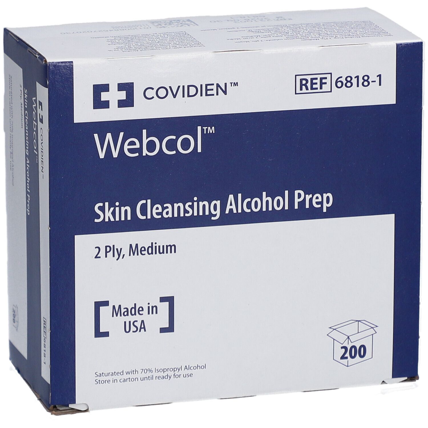 Boîte de tampons Webcol™ pour le nettoyage de la peau. Emballage bleu et blanc. 200 unités. REF 6818-1. Fabriqué aux États-Unis.