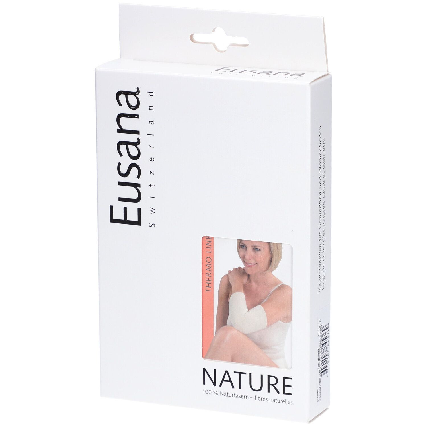 Verpackung mit Produktabbildung. Marke Eusana, Schweiz. Produkt: Thermo M. Naturfasern.