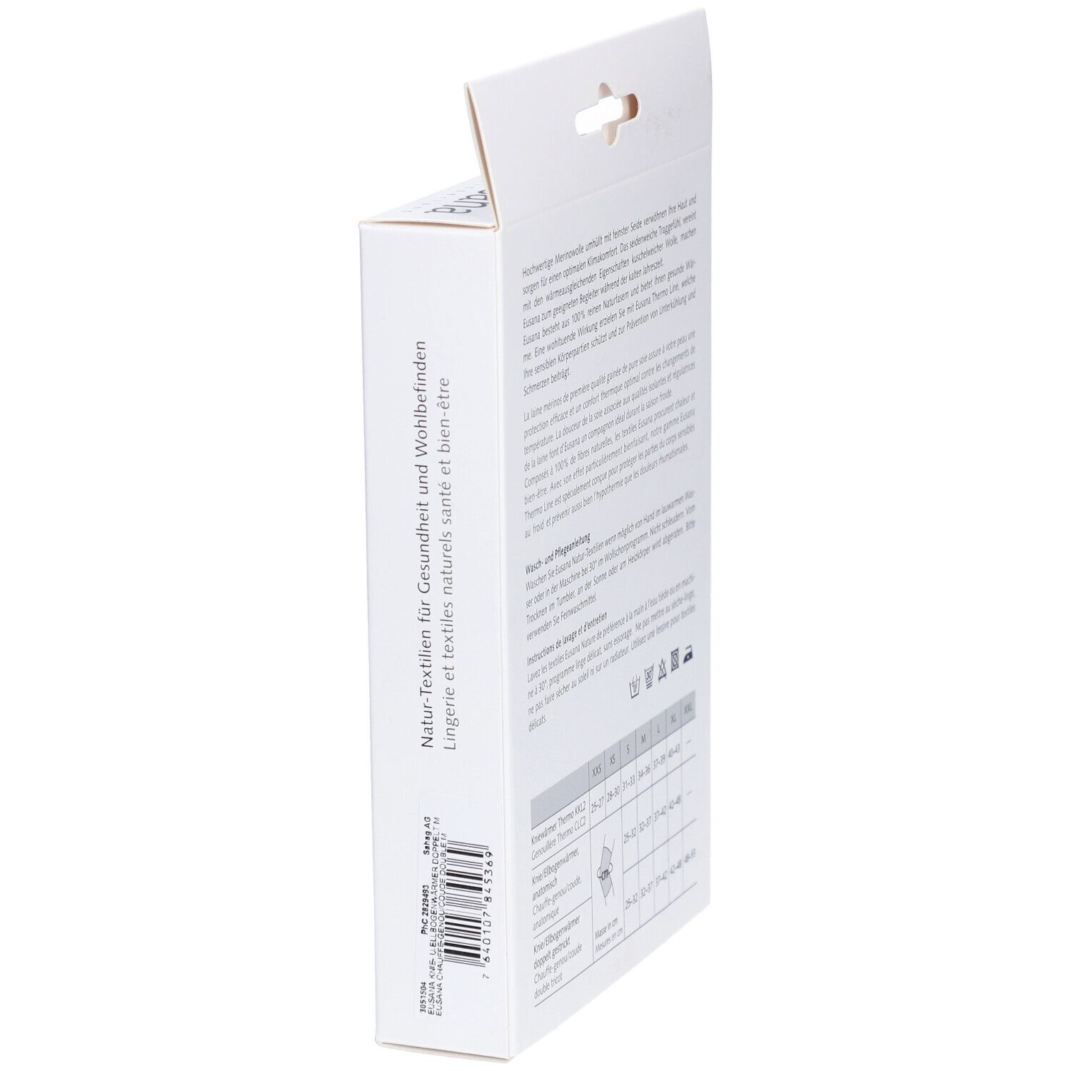 Seitenansicht der Verpackung. Text: Natur-Textilien für Gesundheit und Wohlbefinden. Barcode.