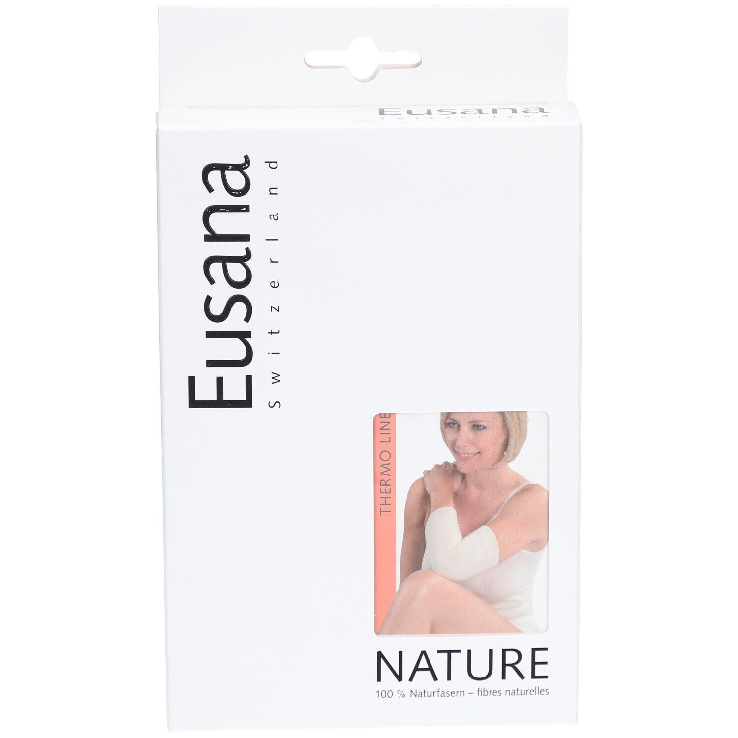 Verpackung mit Produktabbildung. Marke Eusana, Schweiz. Produkt: Thermo Line. Naturfasern.