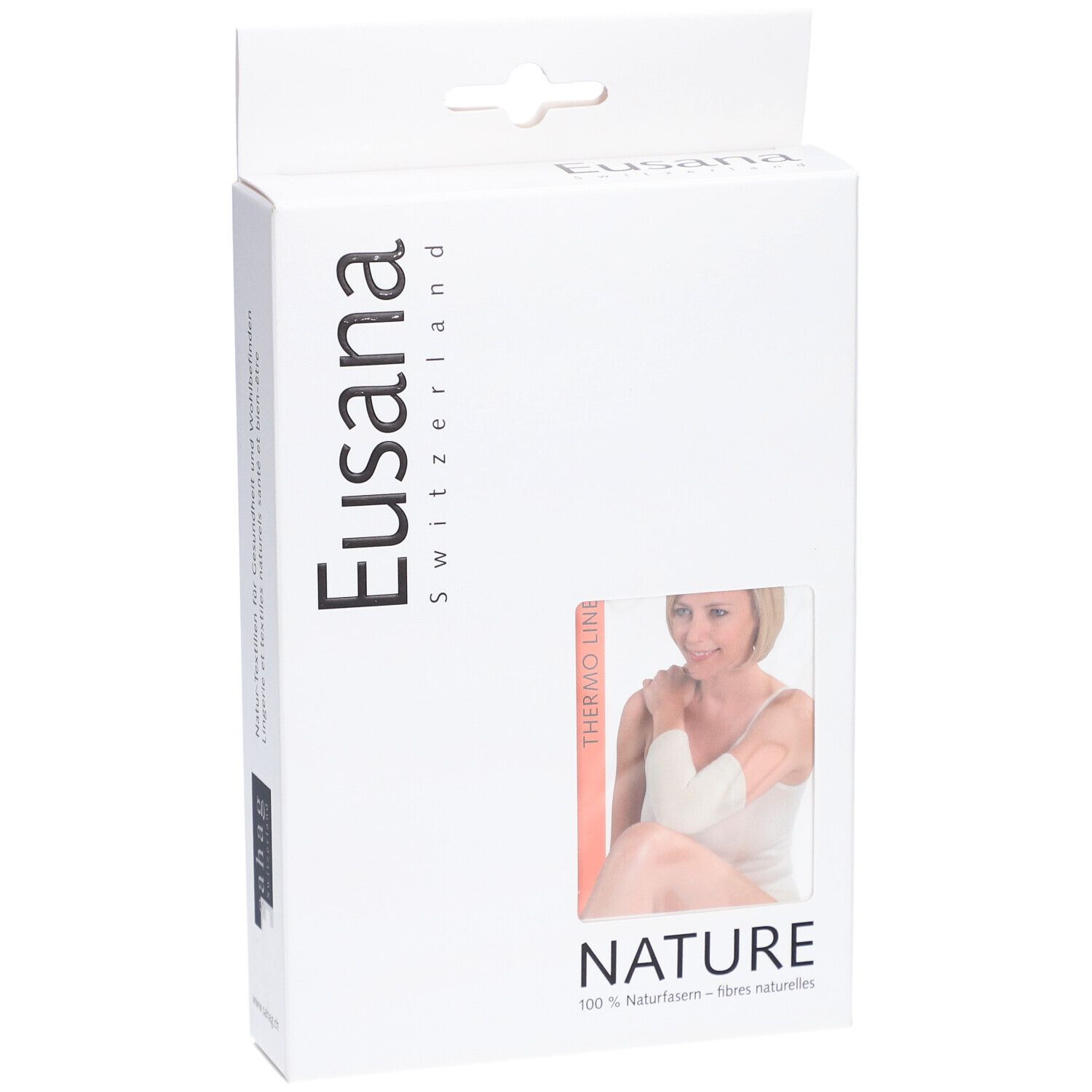 Verpackung mit Produktabbildung. Marke Eusana, Schweiz. Produkt: Thermo Line. Naturfasern.