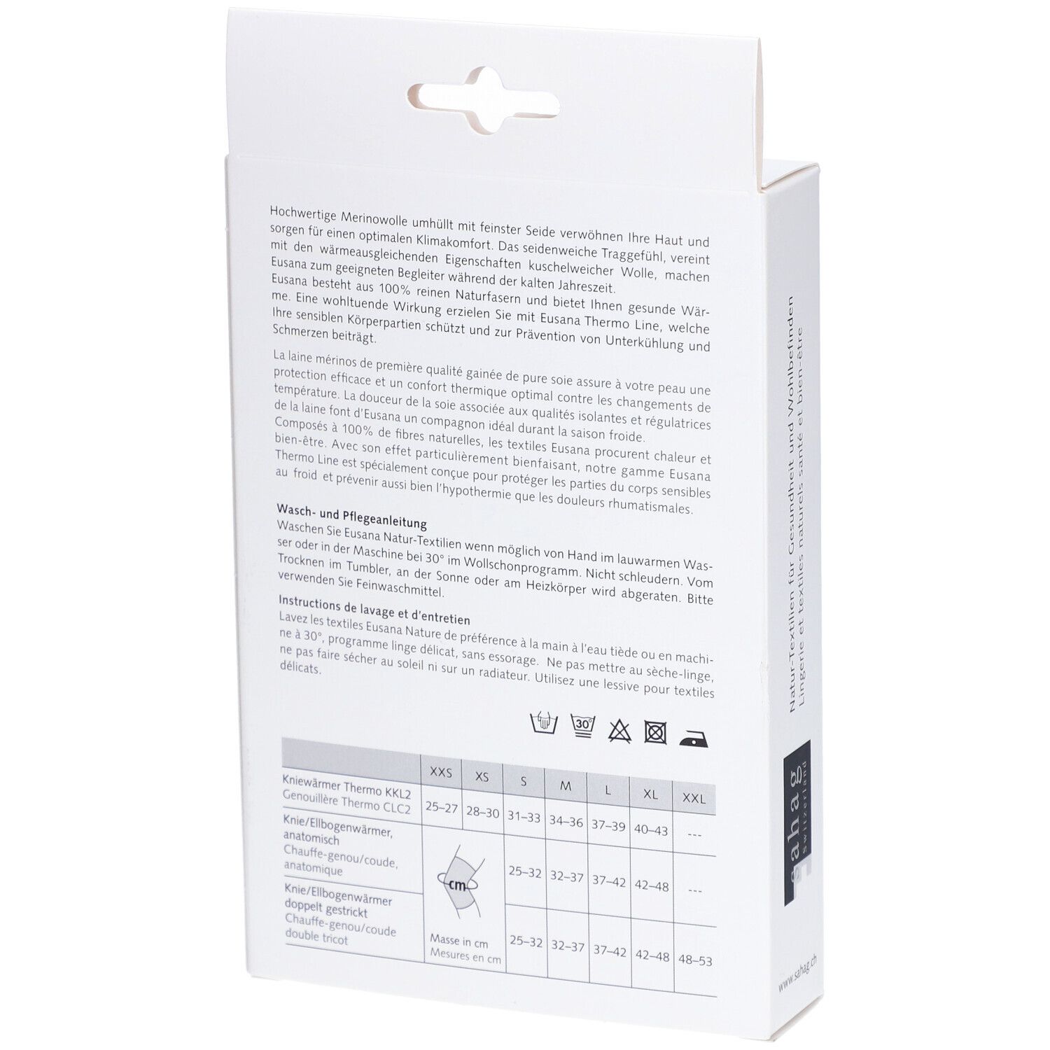 Rückseite der Produktverpackung. Text über Merinowolle, Wasch- und Pflegehinweise, sowie Größentabelle für Knie-Ellenbogen-Bandagen.