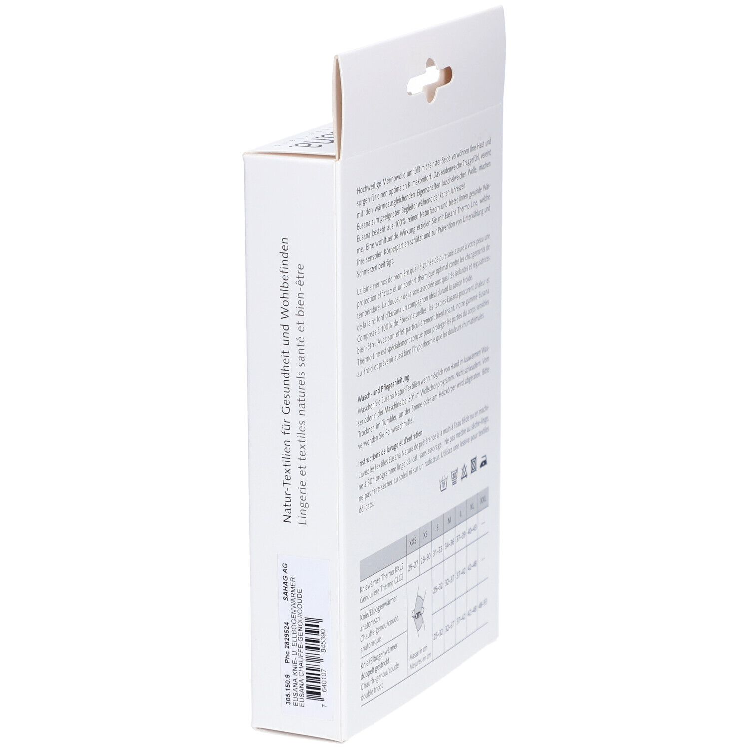 Vue latérale de l'emballage avec texte. Texte: Textiles naturels pour la santé et le bien-être. Code-barres et informations de taille.