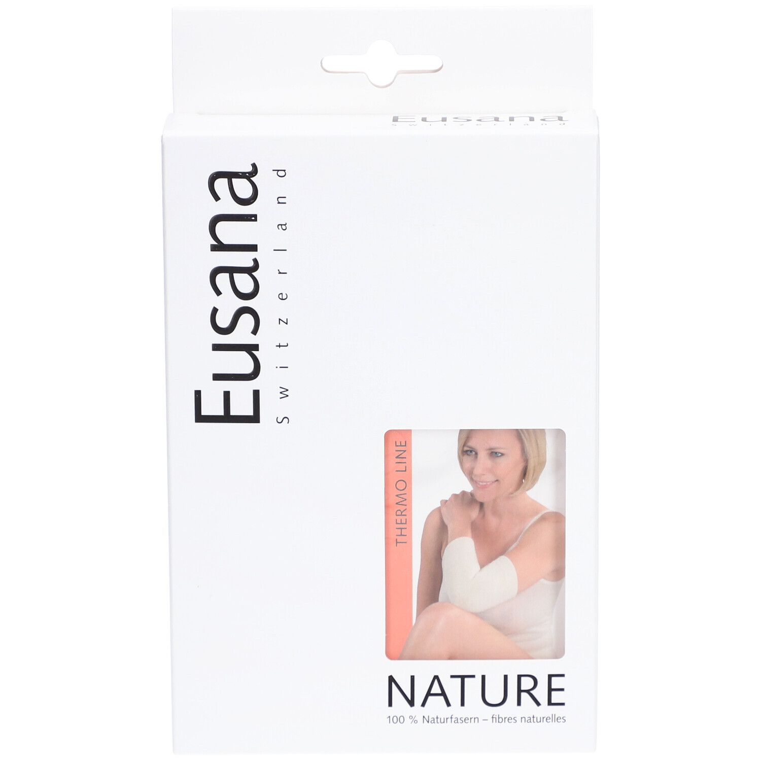 Emballage Eusana avec image du produit. Fenêtre montrant une femme avec un protège-genou blanc. Texte: Thermo Line, Nature.