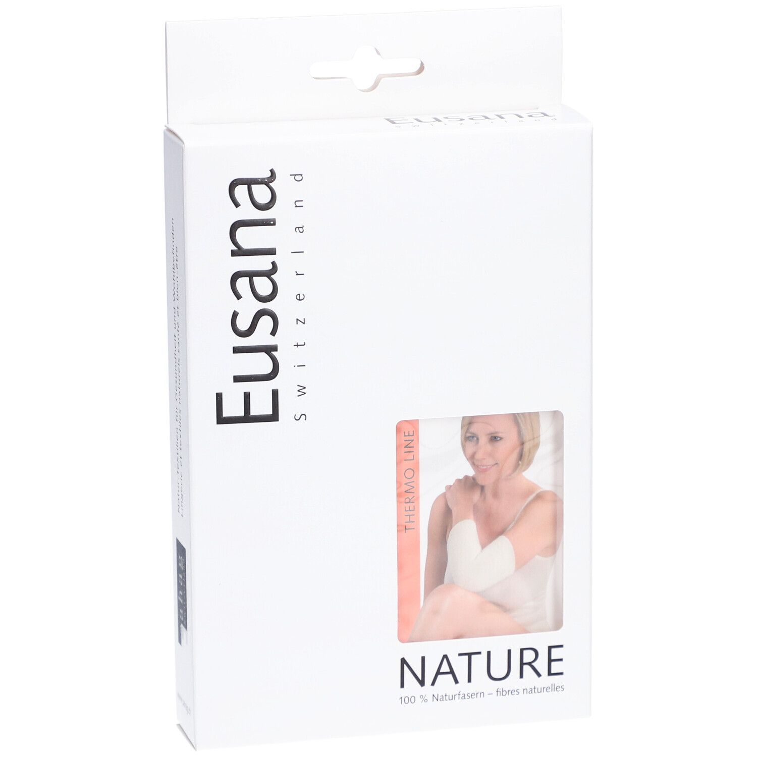 Emballage Eusana avec image du produit. Fenêtre montrant une femme avec un protège-genou blanc. Texte: Thermo Line, Nature.