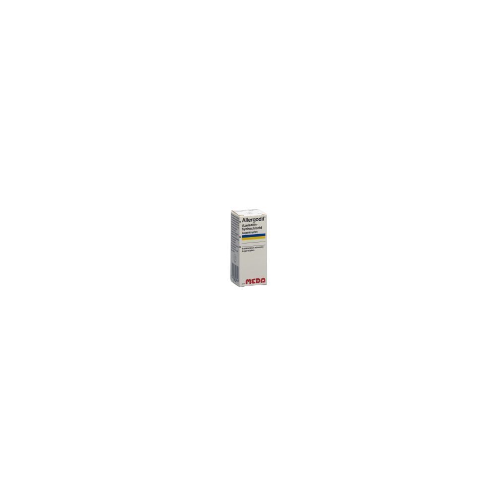 Kartonverpackung mit Produktinformationen. Aufschrift: Allergodil Gtt Opht. Fl. 6 ml. Logo von Meda.