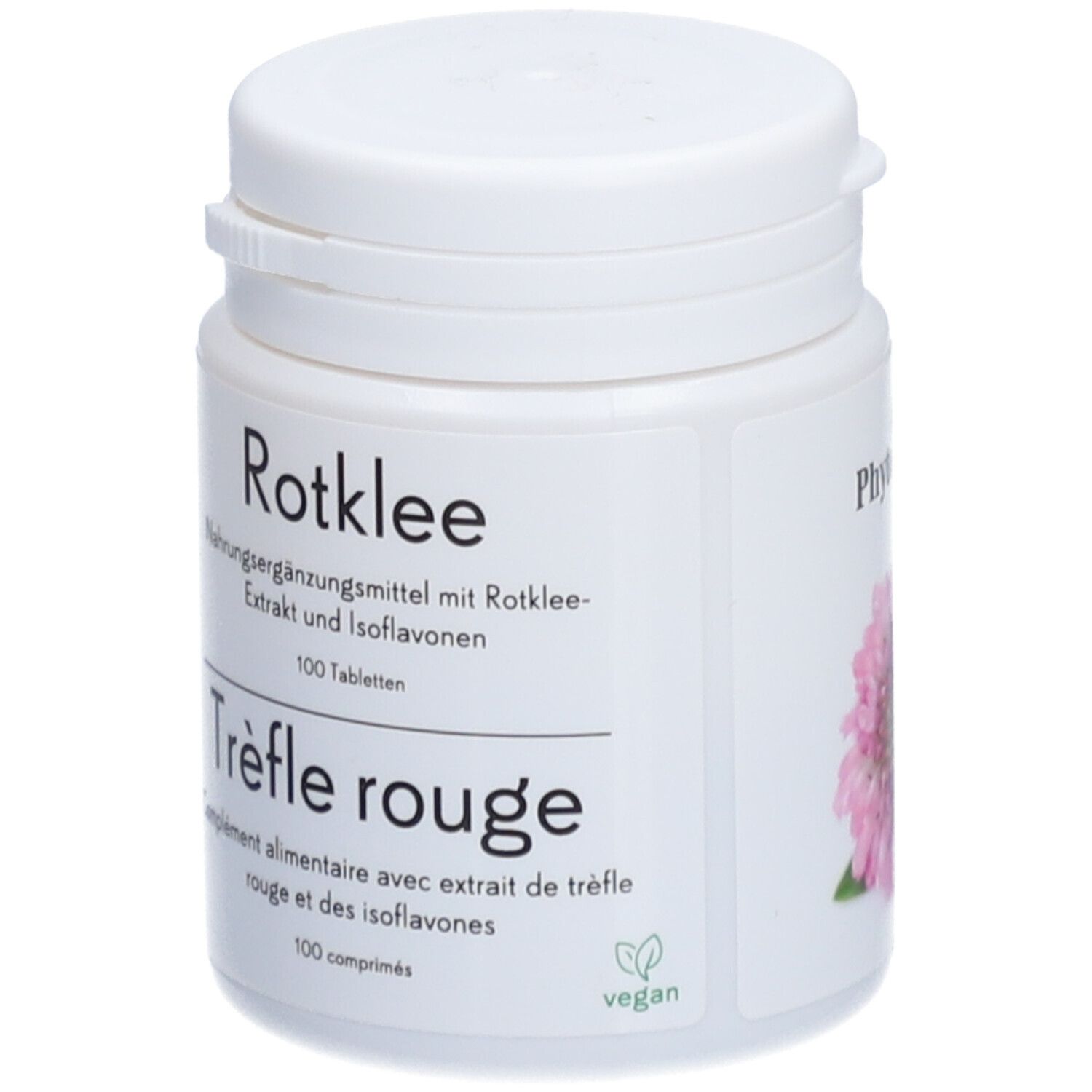 Weiße Dose mit Aufschrift Rotklee, Trèfle rouge. 100 Tabletten. Vegan-Siegel.