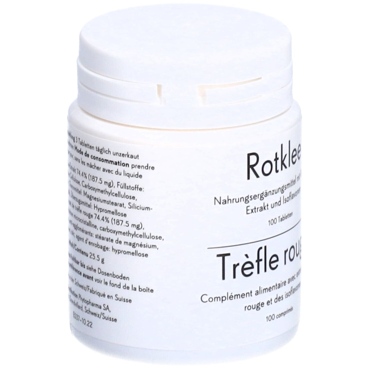 Weiße Dose mit Aufschrift Rotklee, Trèfle rouge. 100 Tabletten. Zutatenliste.