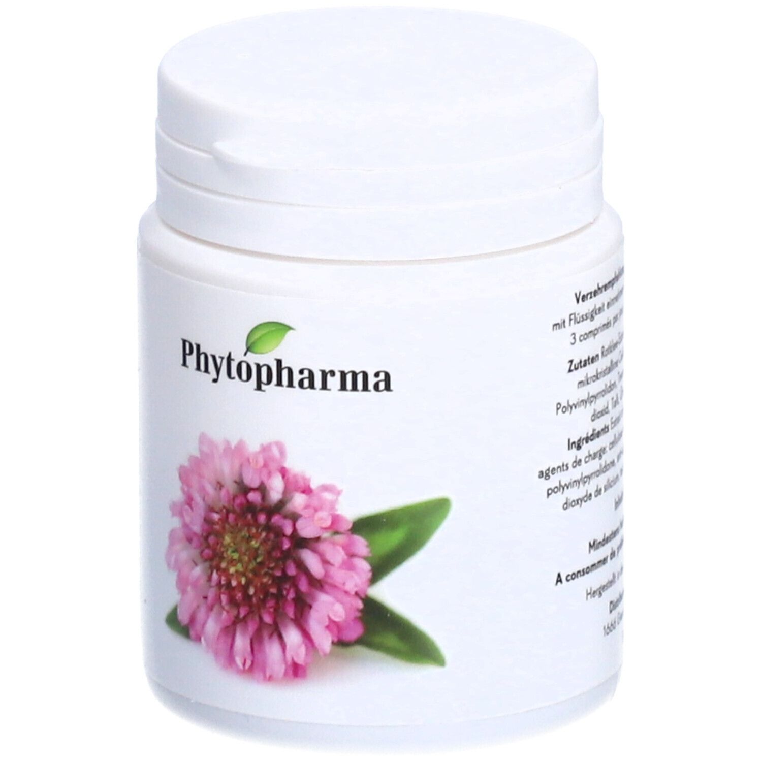 Weiße Dose mit Logo Phytopharma und Klee-Blüte. Aufschrift. Keine weiteren Details.