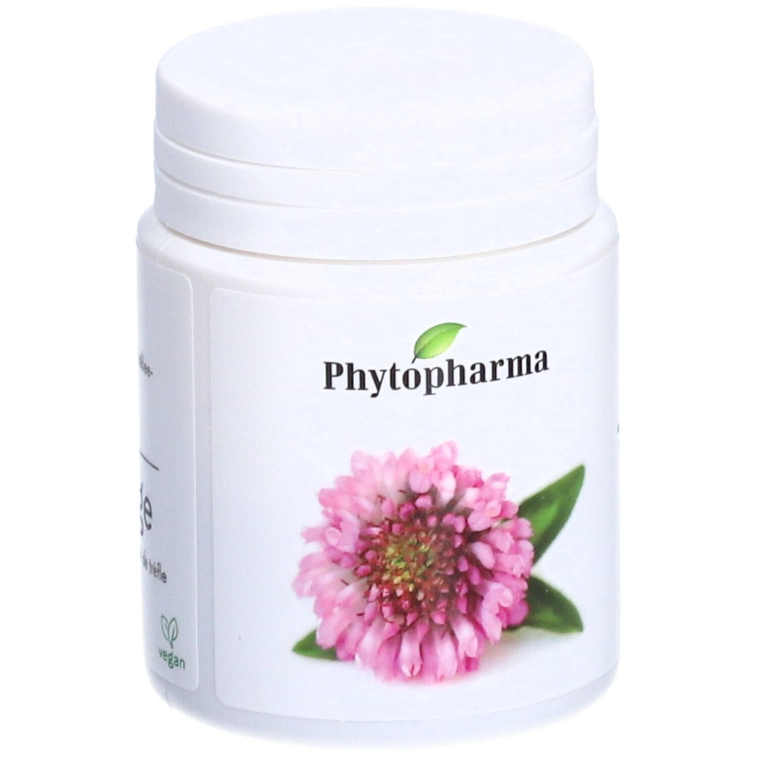 Weiße Dose mit Logo Phytopharma und Klee-Blüte. Vegan-Siegel. Keine weiteren Details.