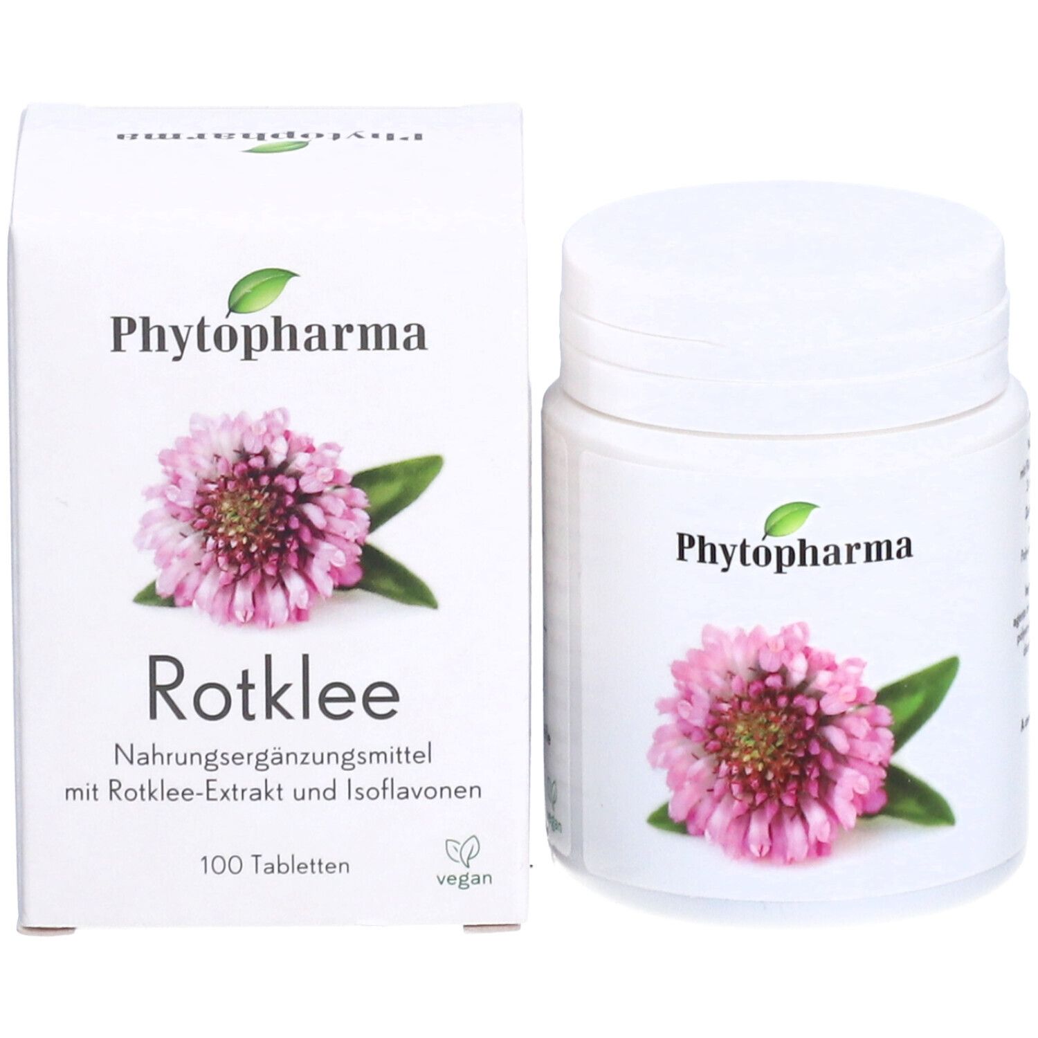Produktverpackung und Dose. Aufschrift Rotklee, 100 Tabletten. Logo Phytopharma.