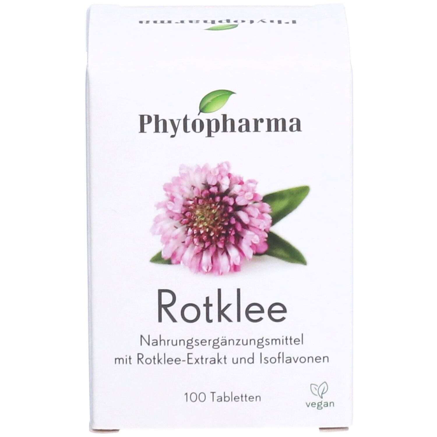 Produktverpackung. Aufschrift Rotklee, 100 Tabletten. Logo Phytopharma. Vegan-Siegel.