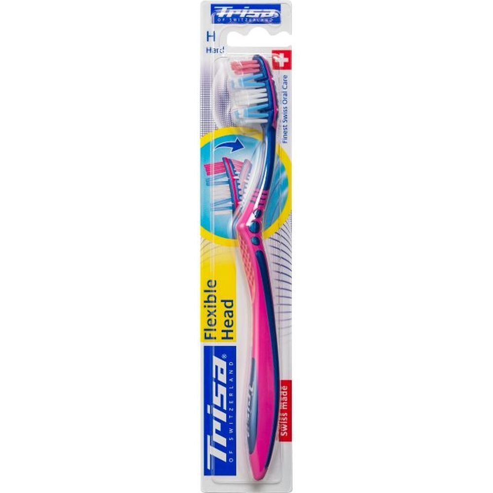 Brosse à dents à tête flexible dans son emballage. Soies bleues et roses. Logo Trisa.