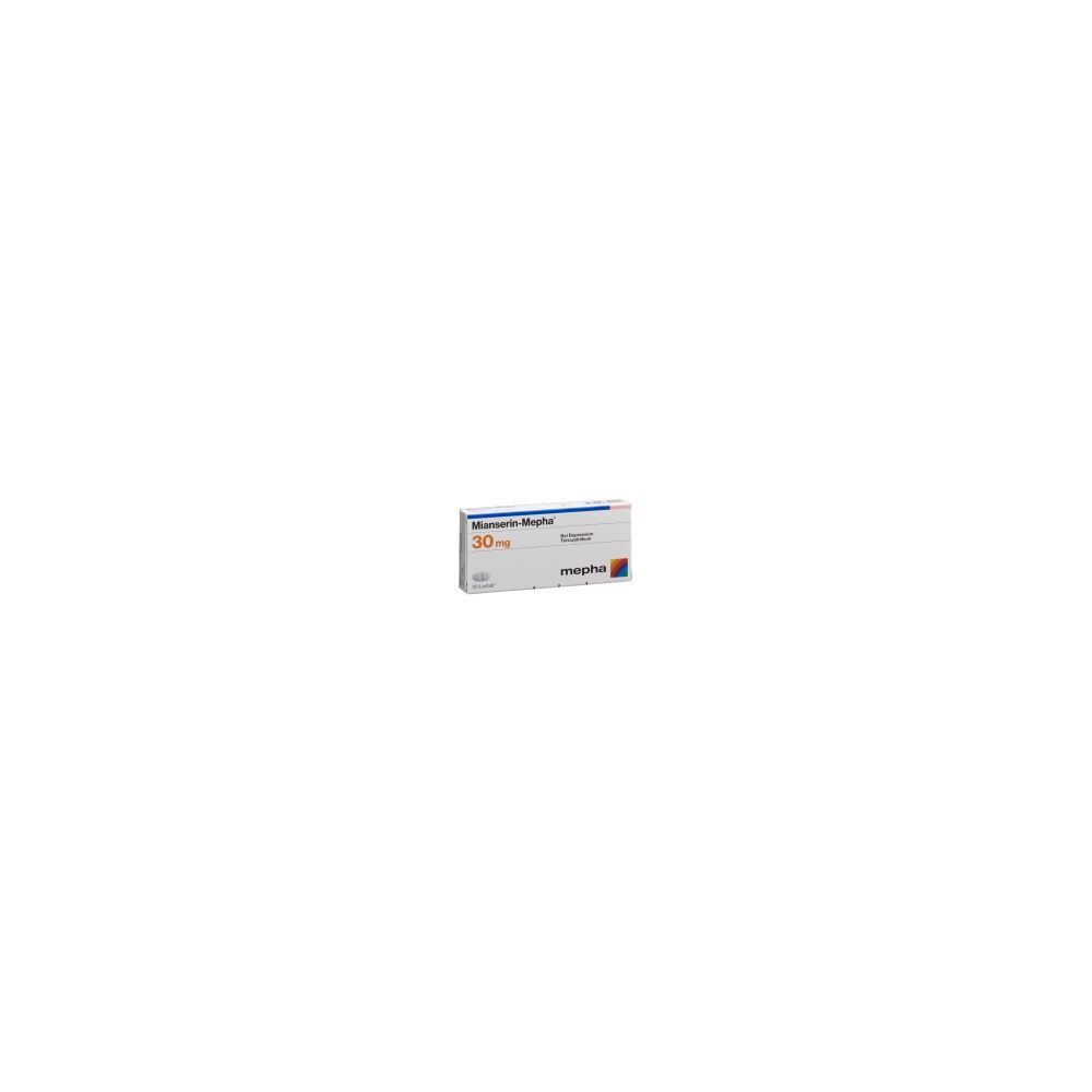 Verpackung von Mianserin Mepha Lactab 30 mg. Aufschrift: 30 mg, Mepha, Lactab.