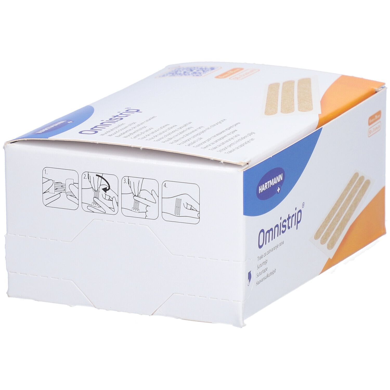 Omnistrip-Verpackung mit Illustrationen zur Anwendung. Marke HARTMANN. Produktname und Logo deutlich sichtbar.