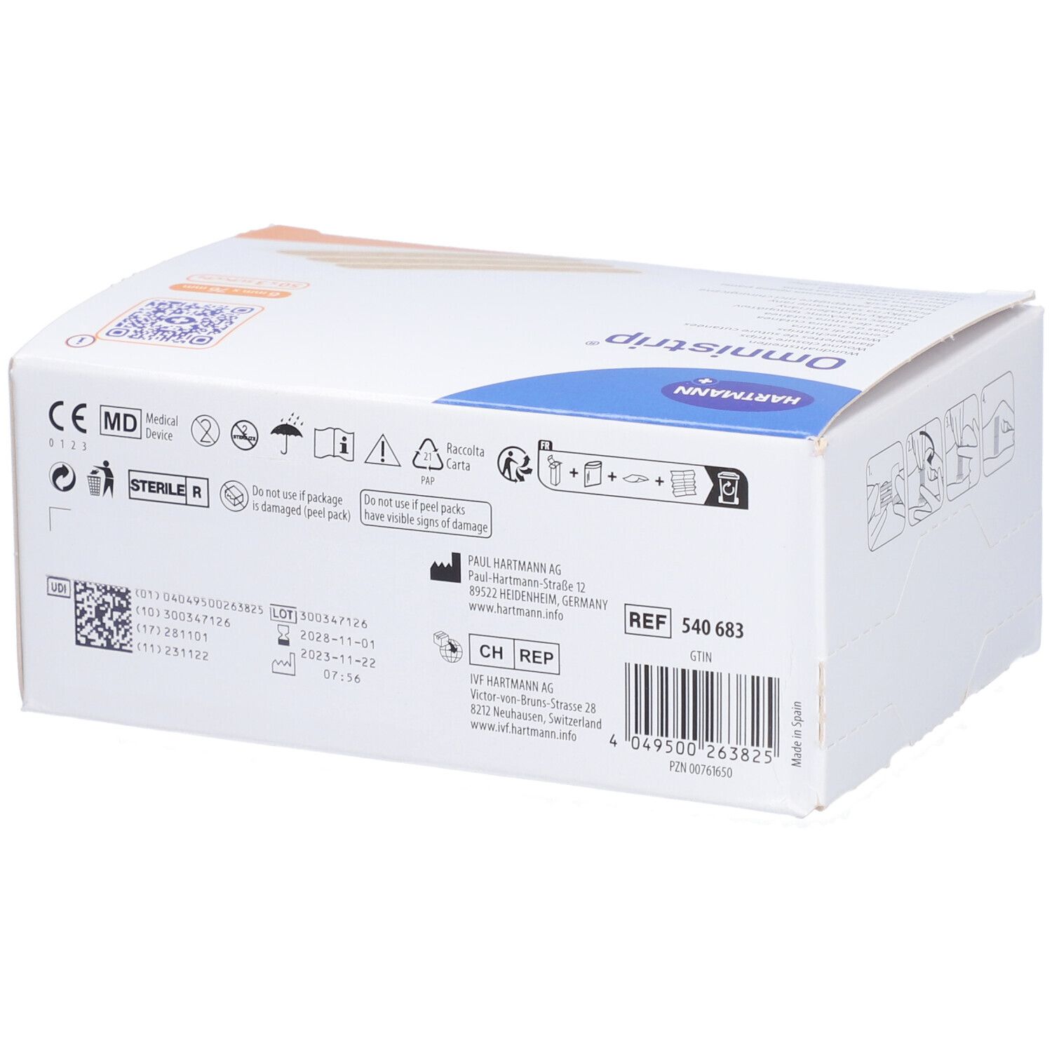 Rückseite der Omnistrip-Verpackung. Enthält Informationen, Barcode, Chargennummer und Herstellerdetails. CE-Kennzeichnung.