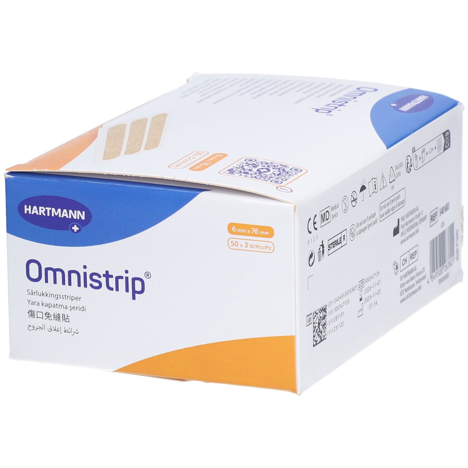Omnistrip-Verpackung. Enthält 50 Streifen, 6 x 76 mm. Marke HARTMANN. Mehrsprachige Beschriftung.