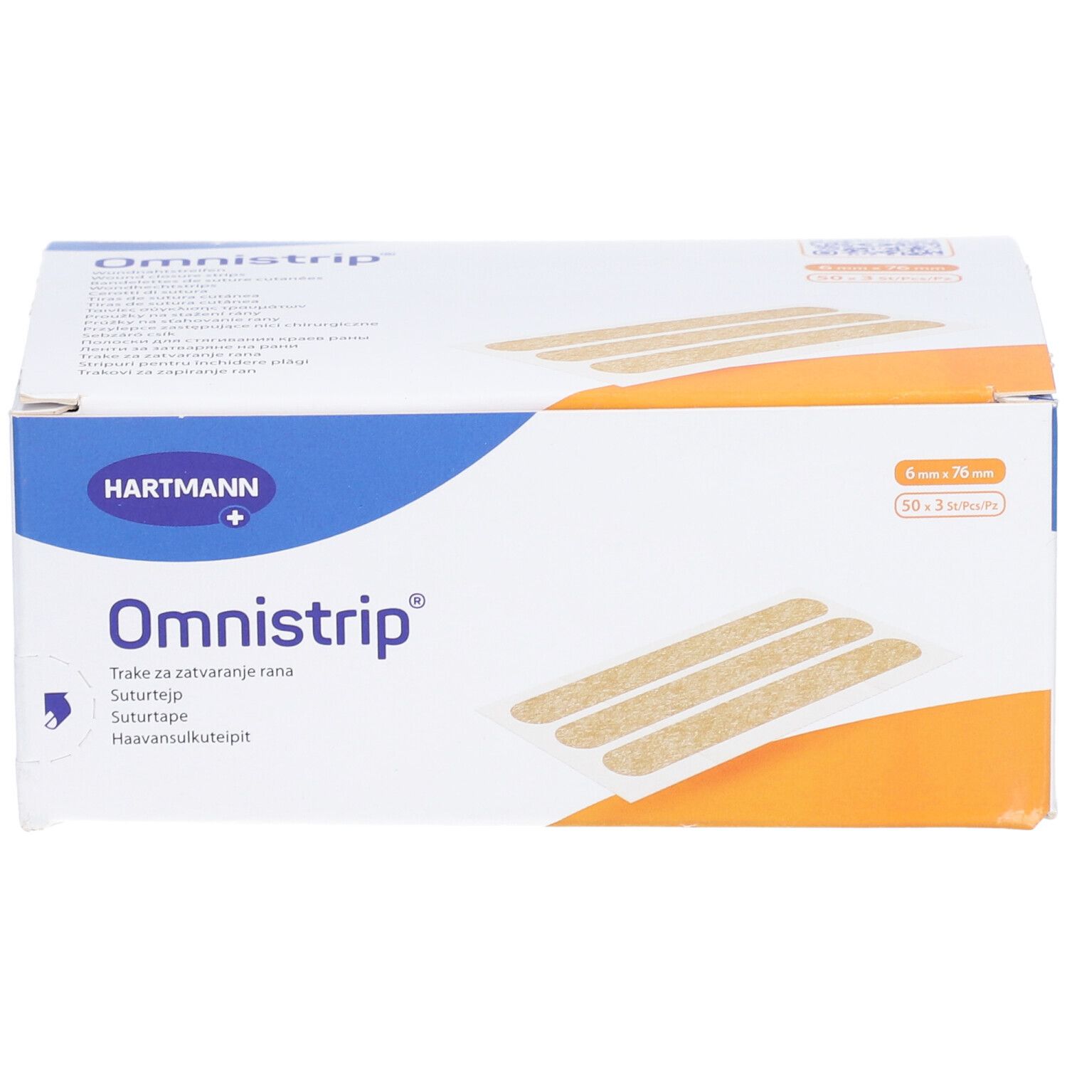 Omnistrip-Verpackung. Enthält 50 Streifen, 6 x 76 mm. Marke HARTMANN. Produktname und Streifen abgebildet.