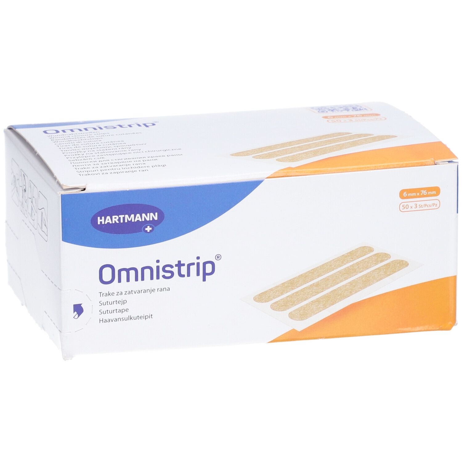 Omnistrip-Verpackung. Enthält 50 Streifen, 6 x 76 mm. Marke HARTMANN. Produktname und Streifen abgebildet.
