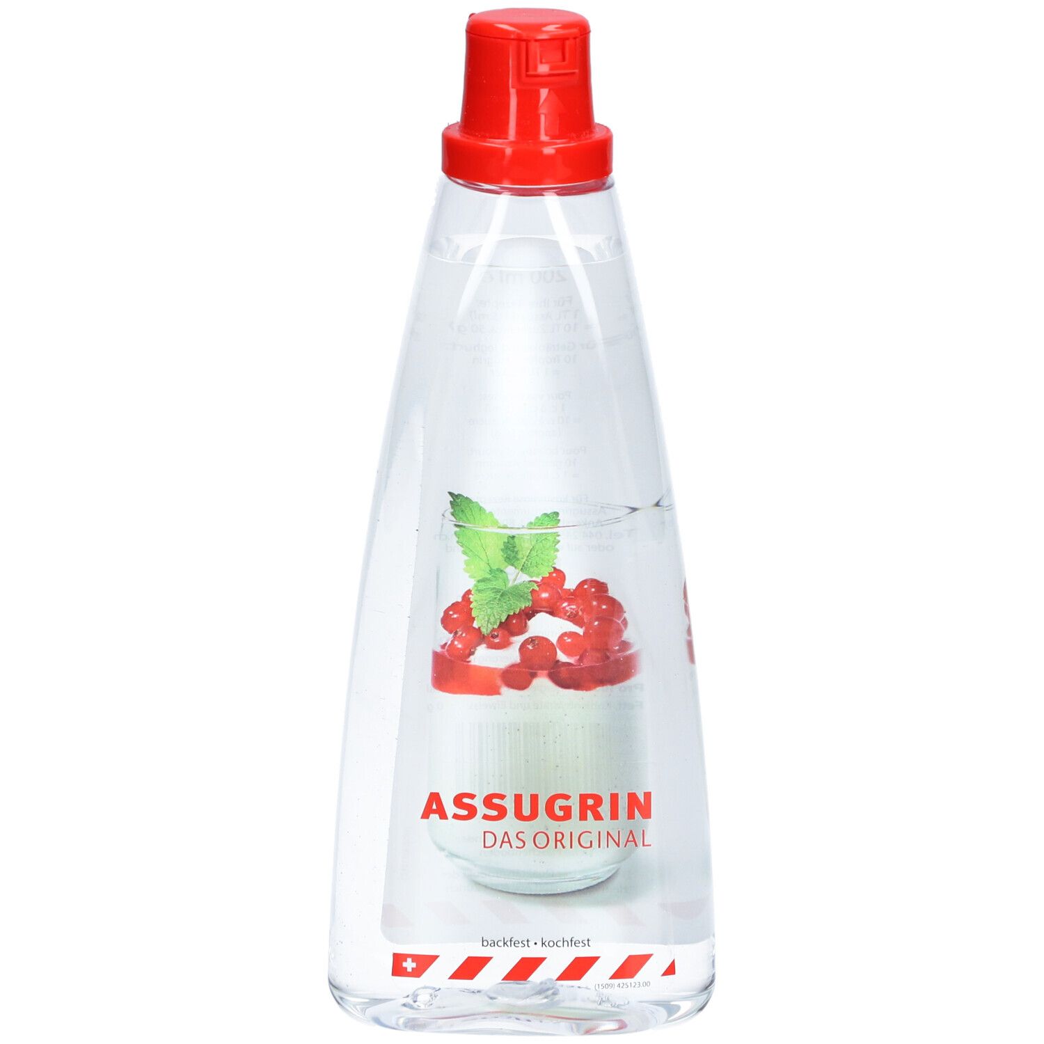 Klare Flasche mit rotem Verschluss. Aufdruck: ASSUGRIN DAS ORIGINAL, Abbildung von Dessert mit roten Beeren.